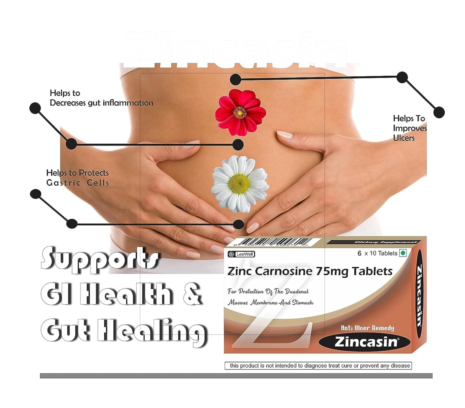 Zincasin Zinc L-Carnosine 75mg x60 | Gut, Immunity, Skin, Hair, Ulcer & IBS Supp