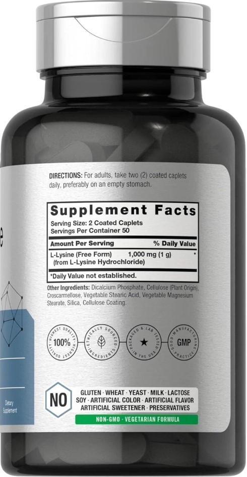 L-Lysine 1000mg ,100 Caplets, Free Form Dietary Supplement, Non-GMO, by Horbaach
