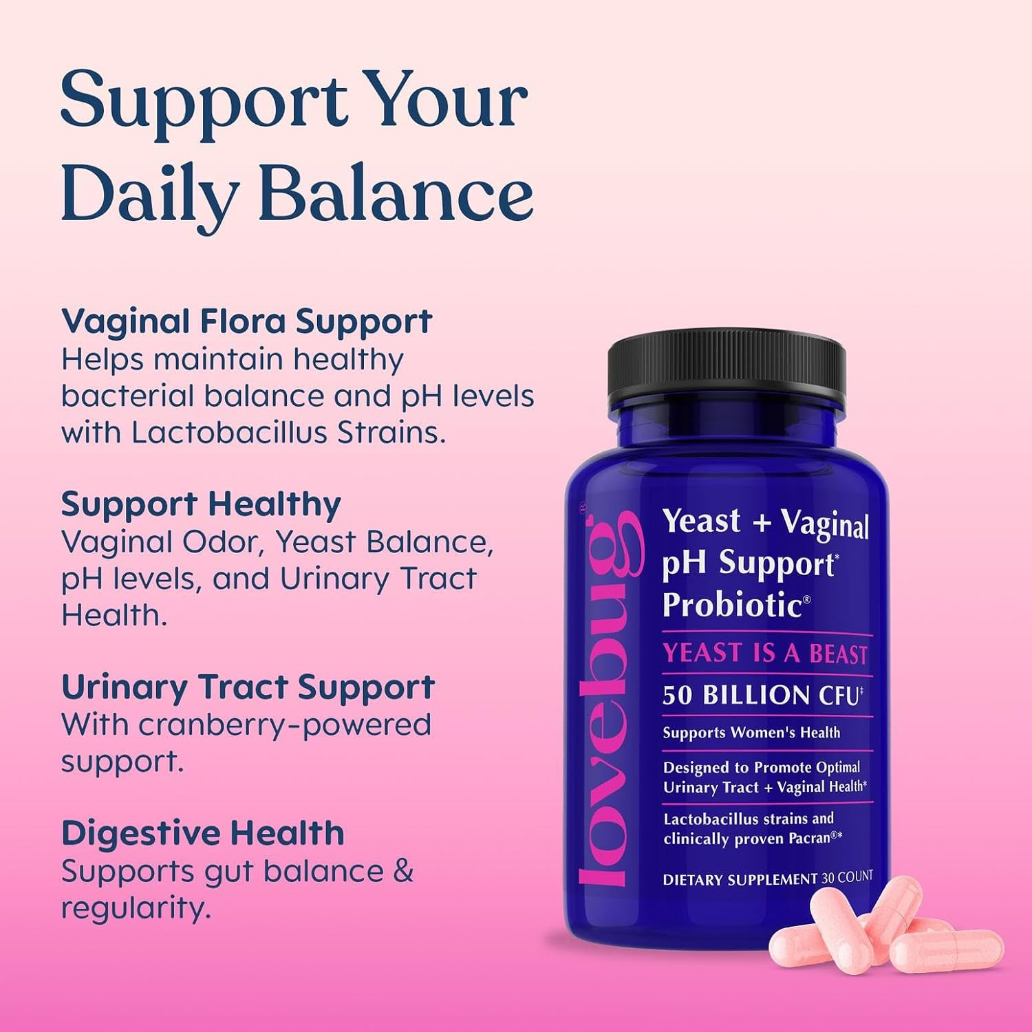 LOVEBUG Yeast + Vaginal pH Support | Clinically Studied Ingredients for Yeast &