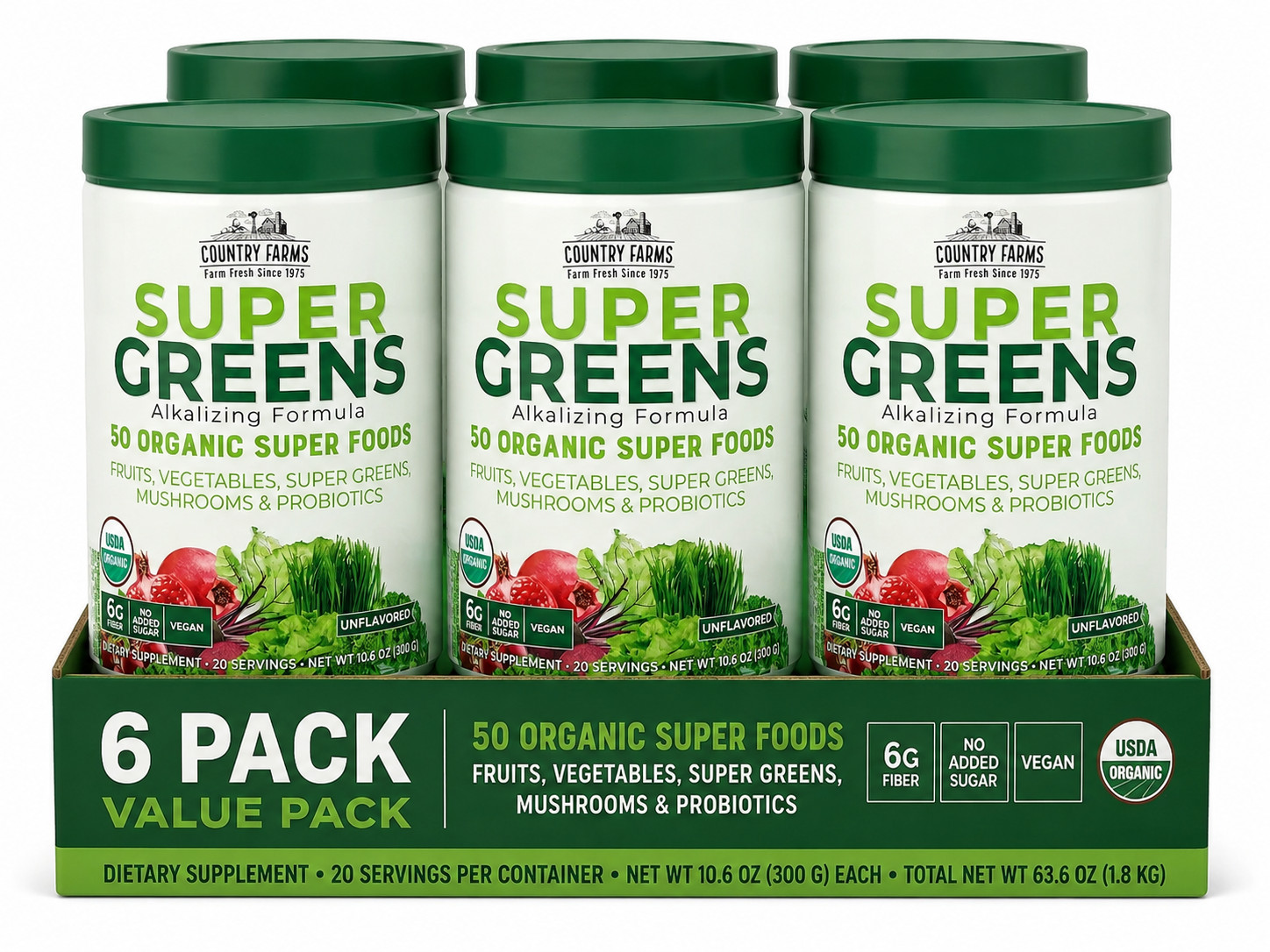 Country Farms Super Greens Alkalizing Formula Natural 300 g, 10.6 oz (6 Packs)