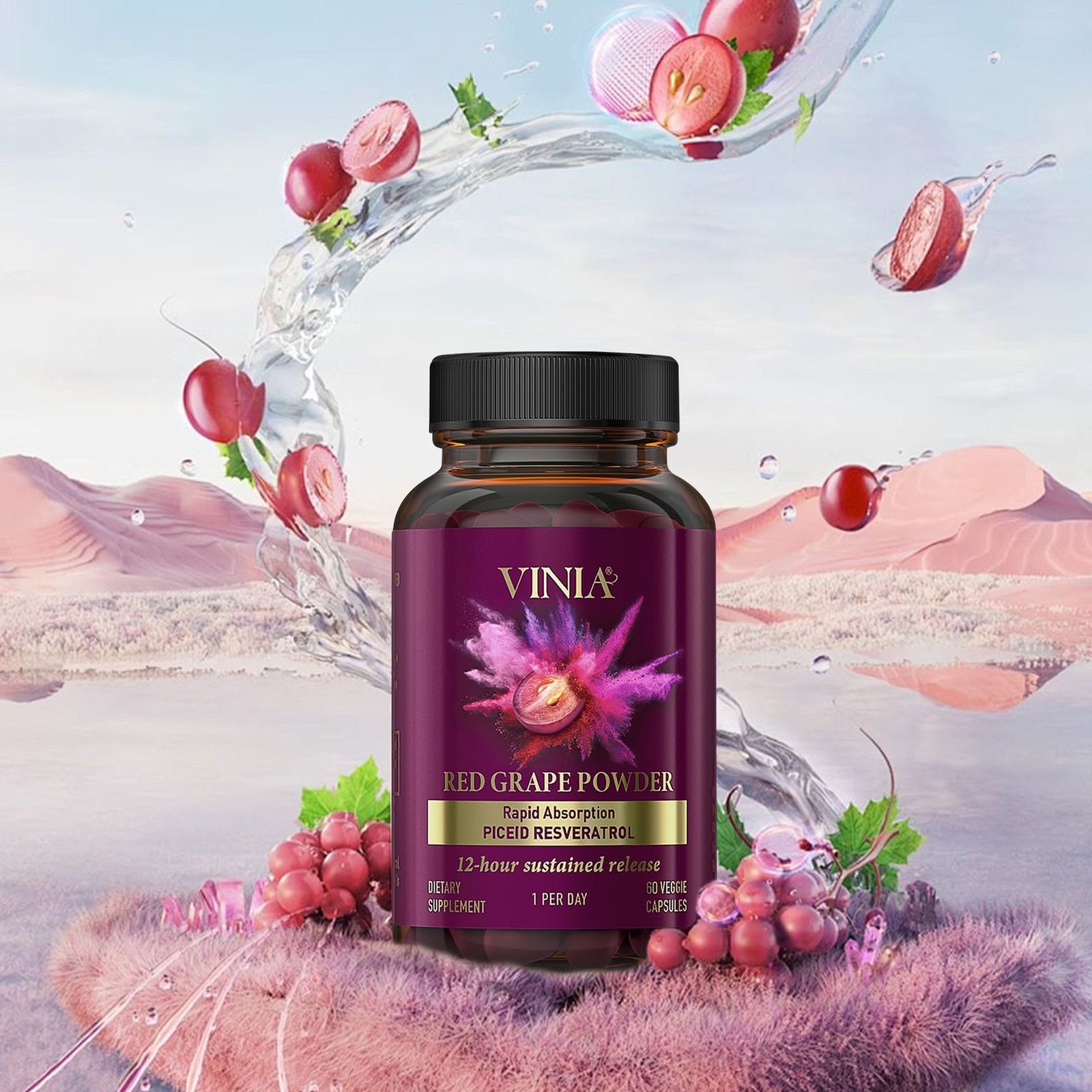 Vinia Red Grape Powder Rapid Absorbtion Piceid Resveratrol 30 Veggie Capsul New