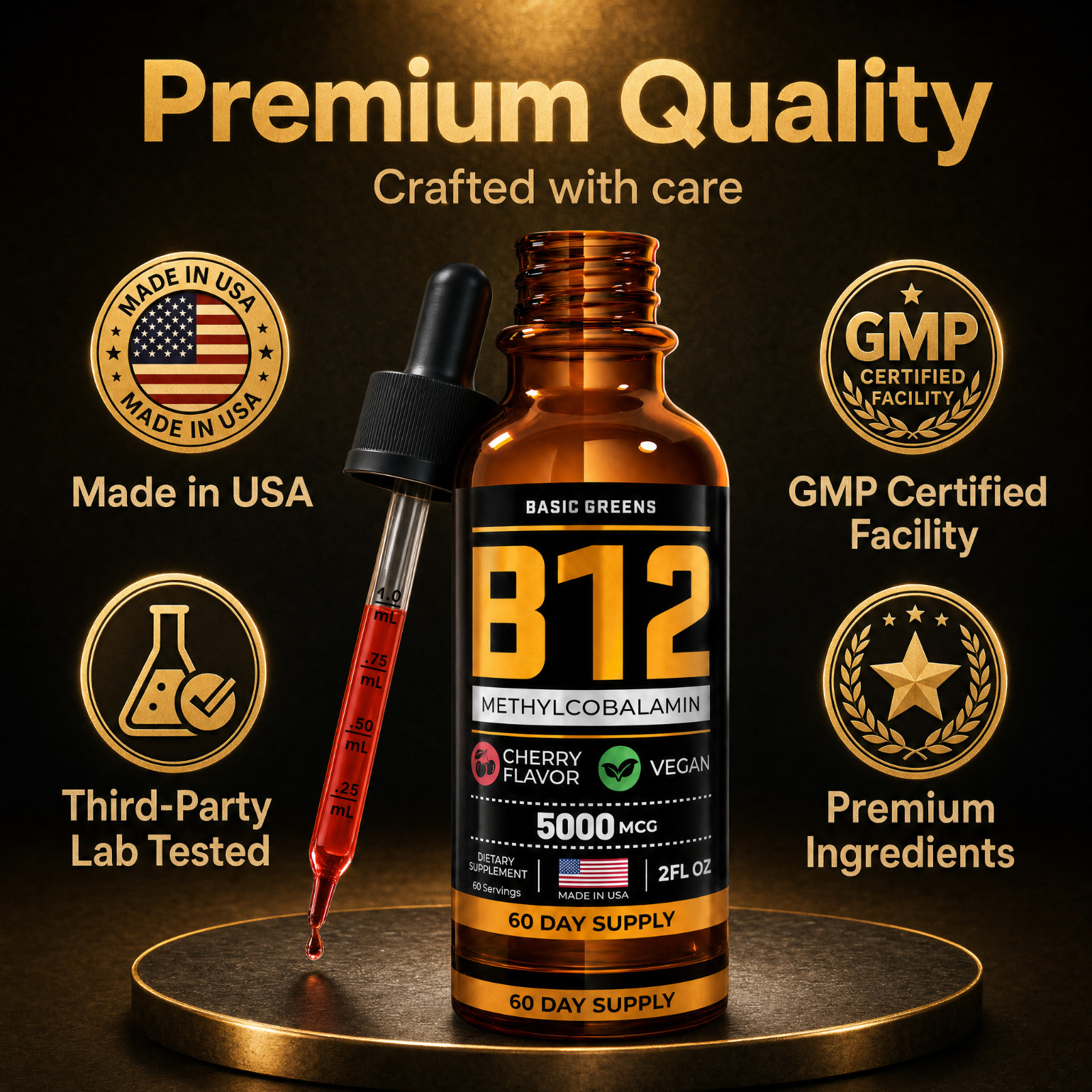 BASIC GREENS B12 Liquid Drops 5000mcg Sublingual Methylcobalamin Vegan 2oz