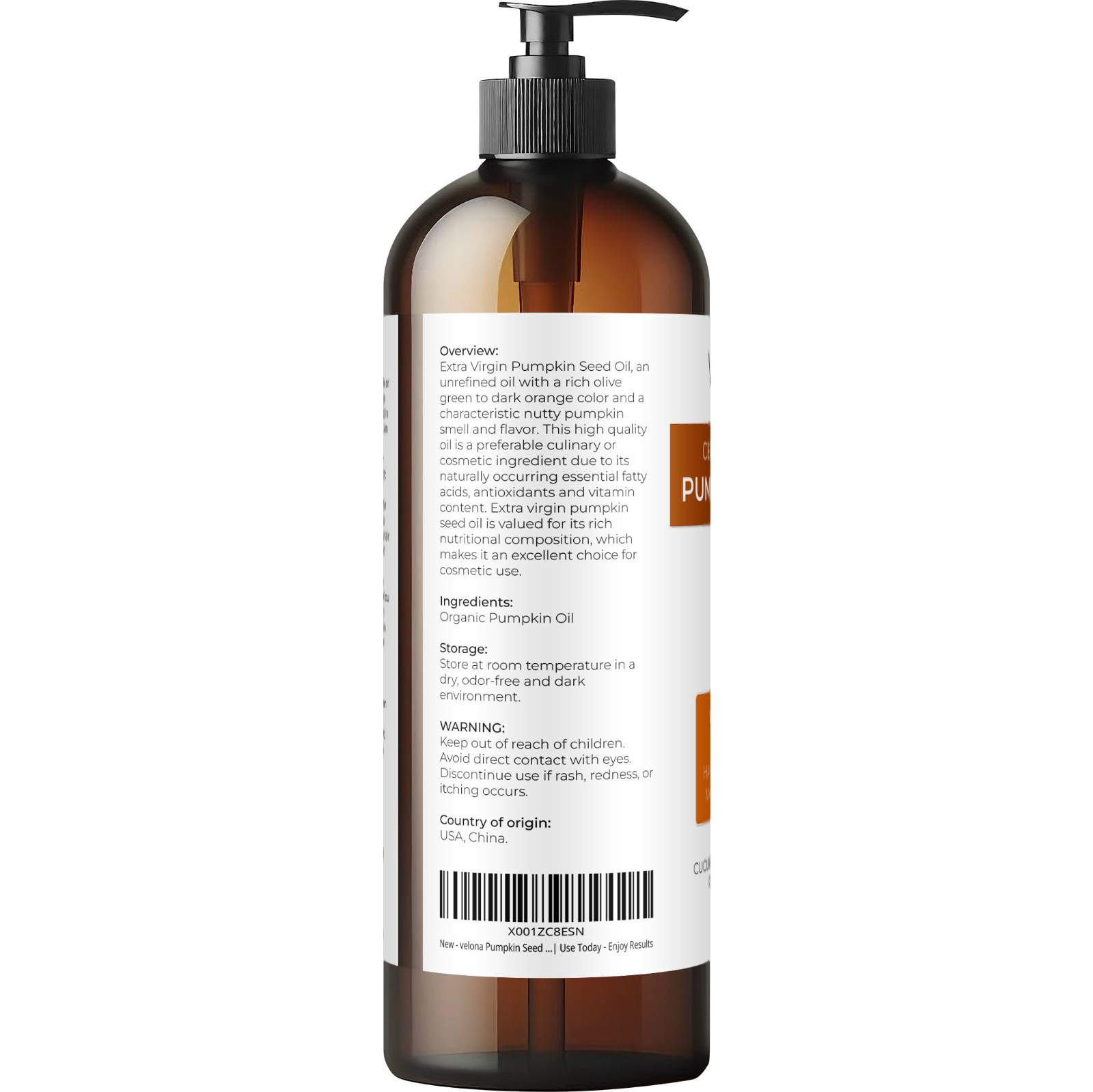 Velona Pumpkin Seed Oil USDA Certified Organic – 16 oz Unrefined Cold Pressed