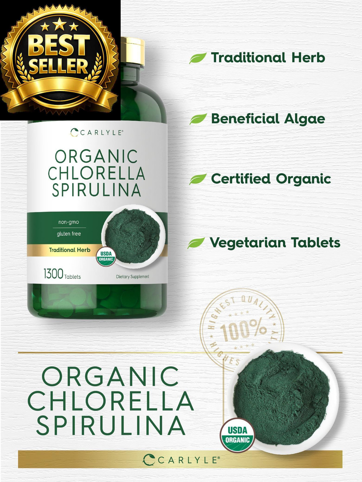 Carlyle Organic Chlorella Spirulina Tablets | 1300 1300 Count (Pack of 1)