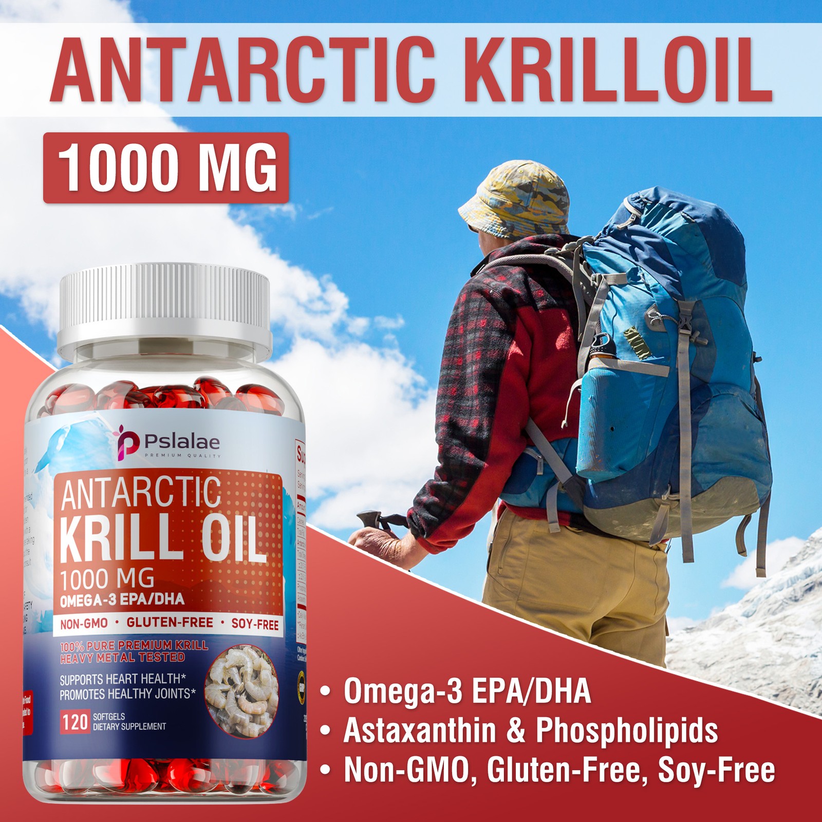 Antarctic Krill Oil 1000mg -with Omega-3 EPA, DHA, Astaxanthin and Phospholipids