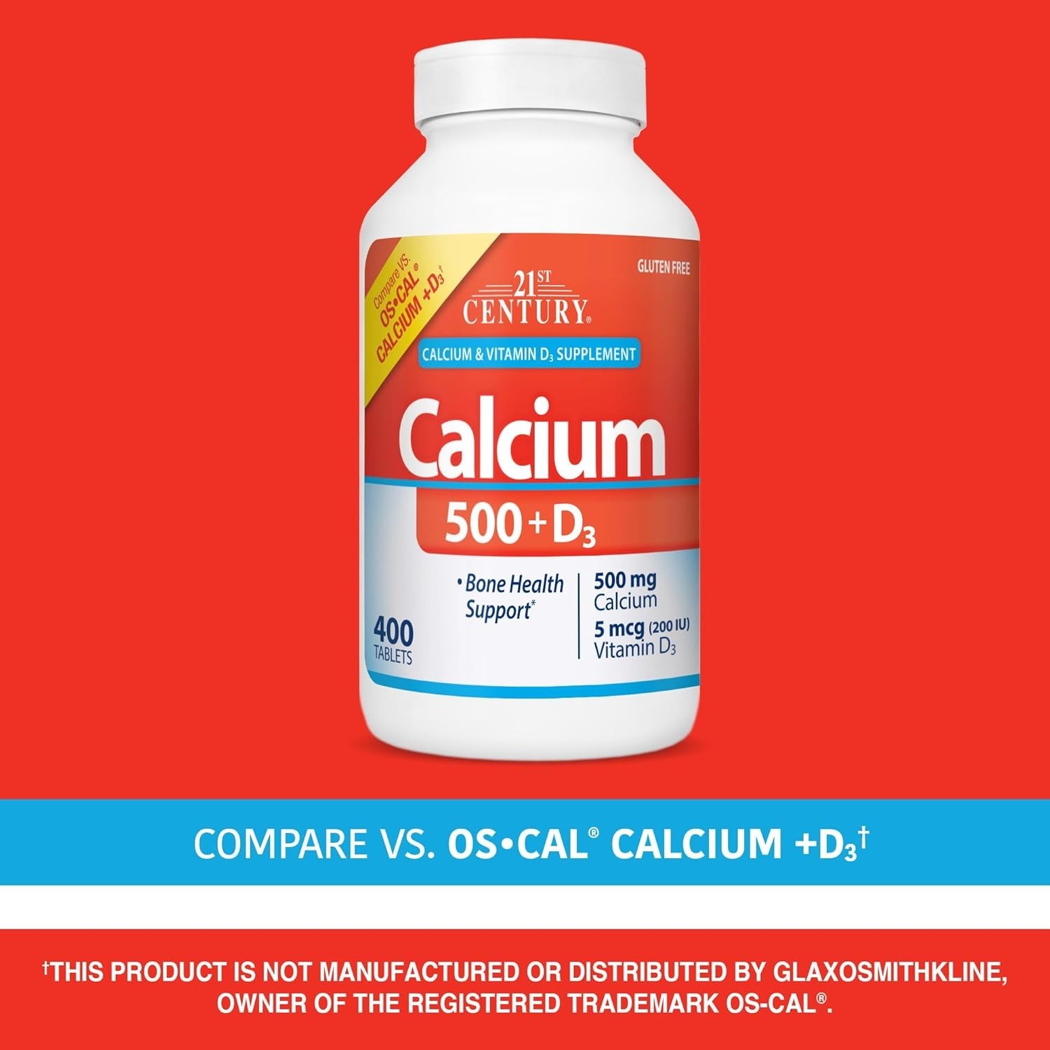 500 mg Calcium with Vitamin D3 – 400 Gluten-Free Tablets for Bone Strength