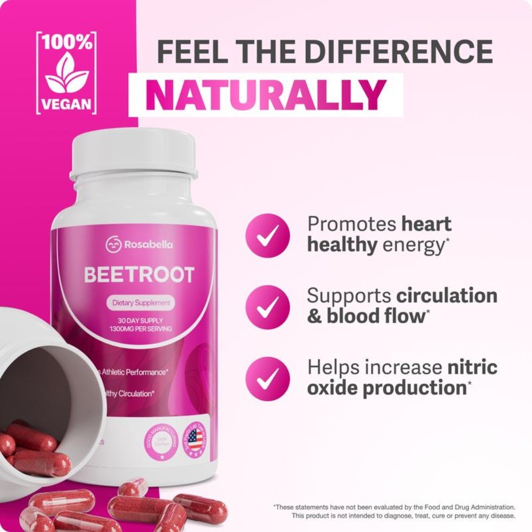 3 Pack of Rosabella (1300mg) Organic Beetroot Capsules for Blood Flow & Heart He