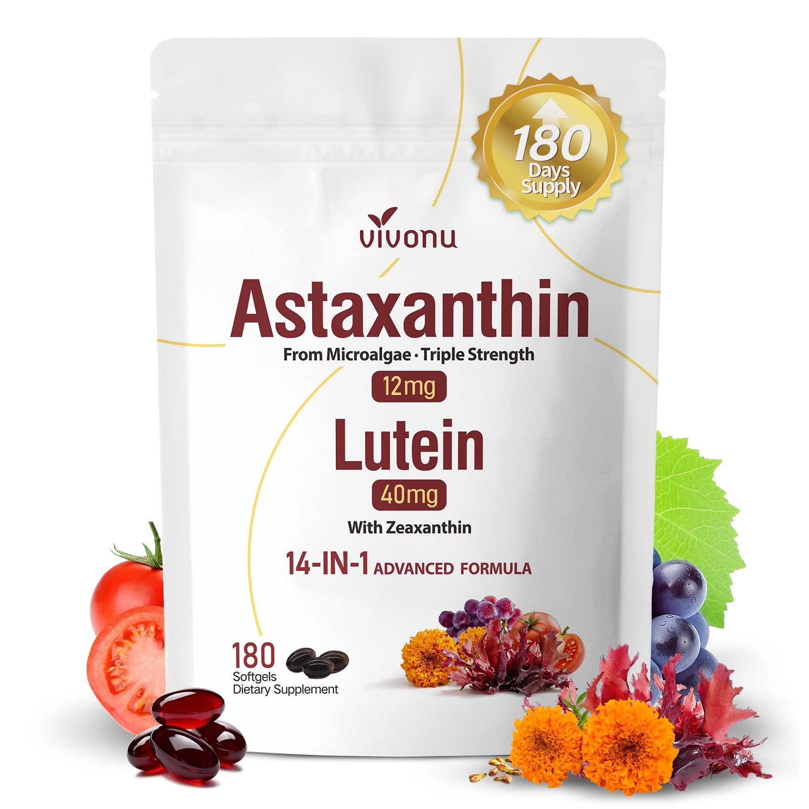 14-in-1 Astaxanthin 12mg & 1 Count (Pack of 1), 12 Mg | 1 Bag | 180 Softgels