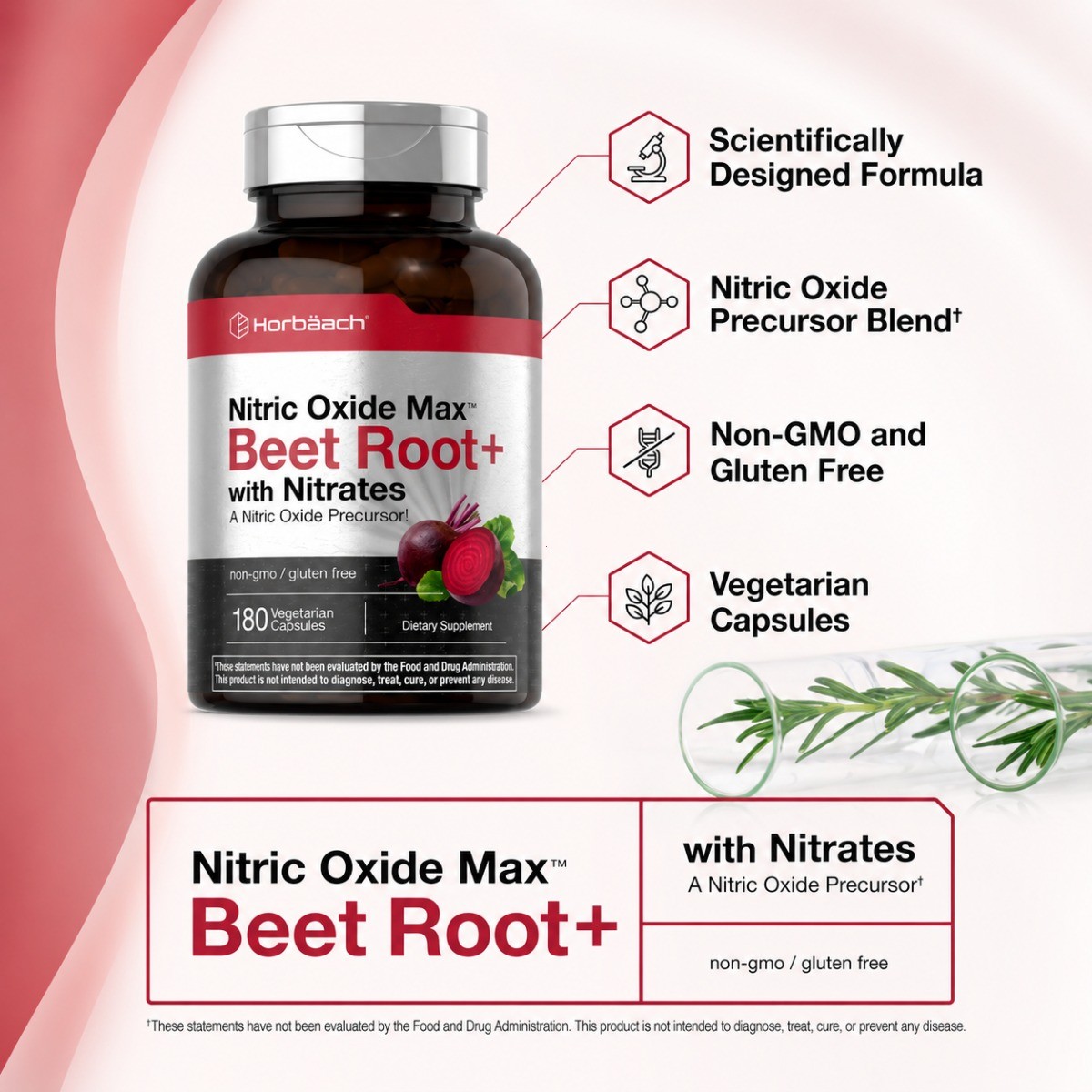 Horbäach Nitric Oxide Max Beet Root Capsules, 180 Count, Vegetarian Supplement