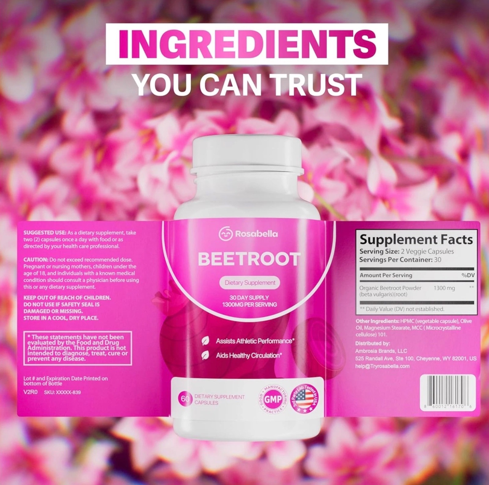 Rosabella Organic Beetroot 1300mg 3-Pk – Circulation & Vitality – 180ct