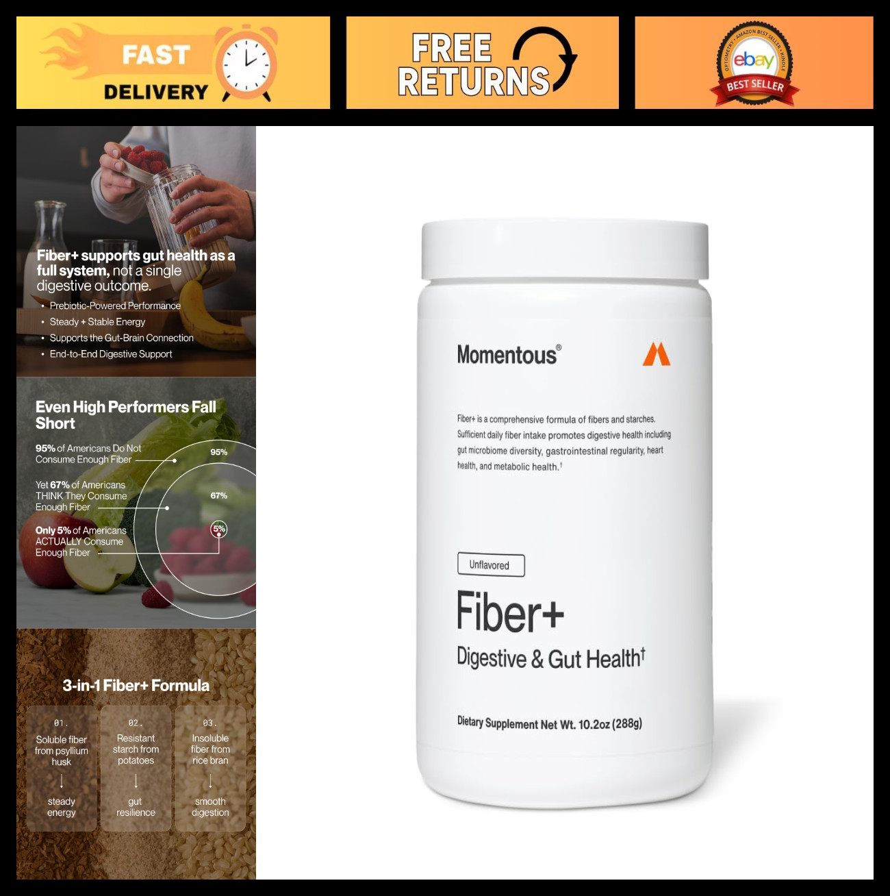 Daily Multi-Source Fiber Powder – Psyllium Husk, Prebiotic Blend, 30 Servings