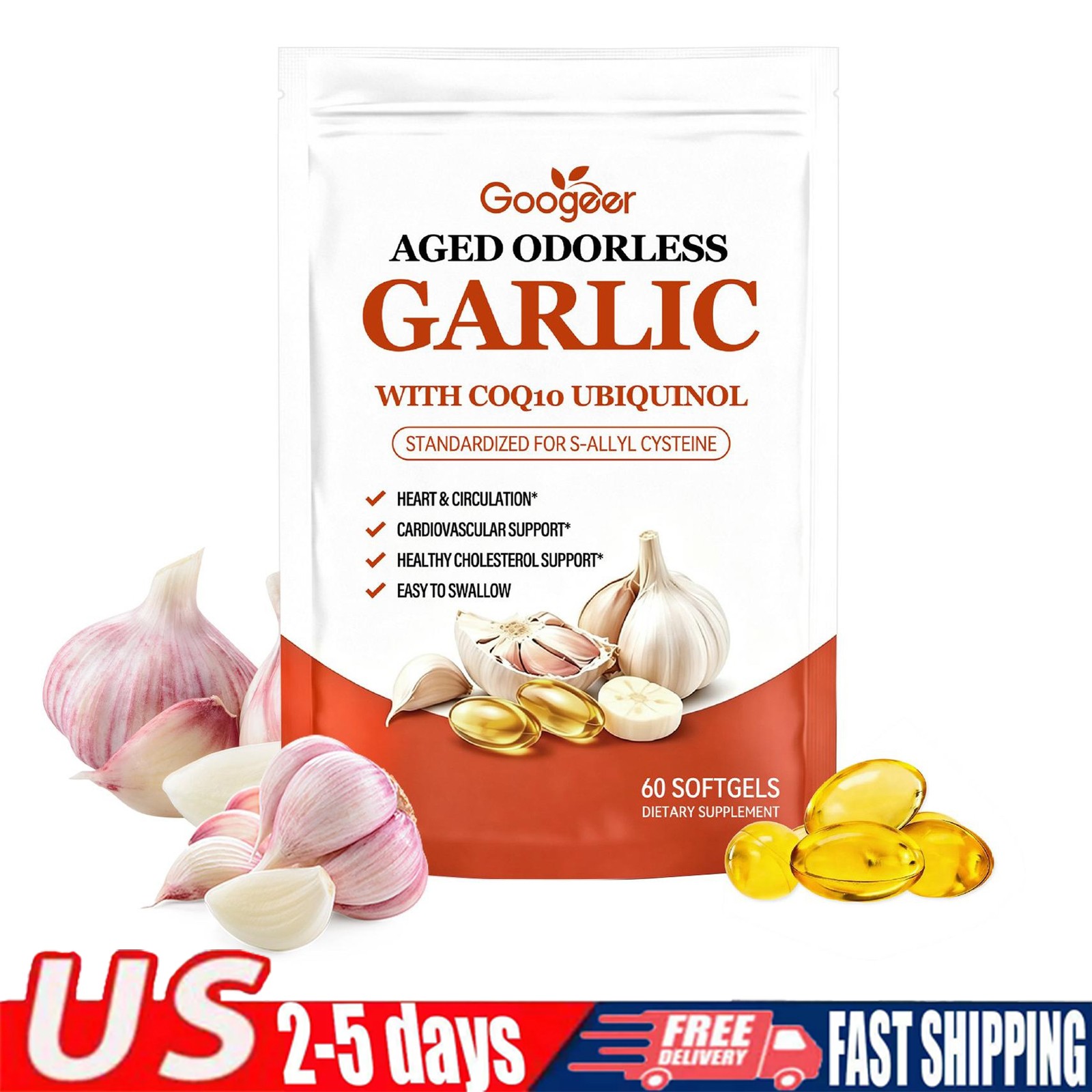 5x Odorless Age-Resilient Aged Garlic 600 mg Softgels (60 Count) with CoQ1* USA
