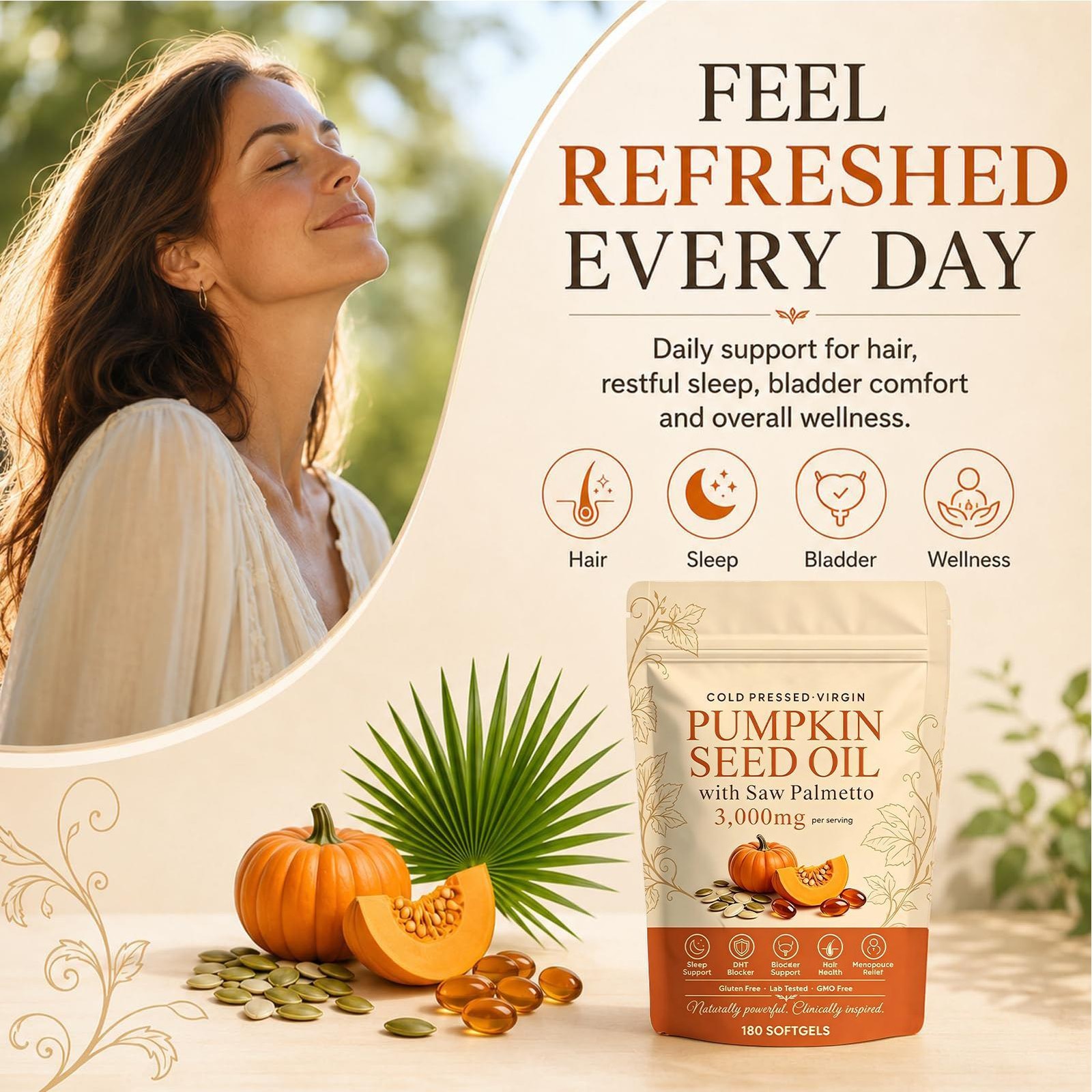 Everly Pumpkin Seed Oil with Saw Palmetto, 300 Softgels, Cold Pressed Pumpkin