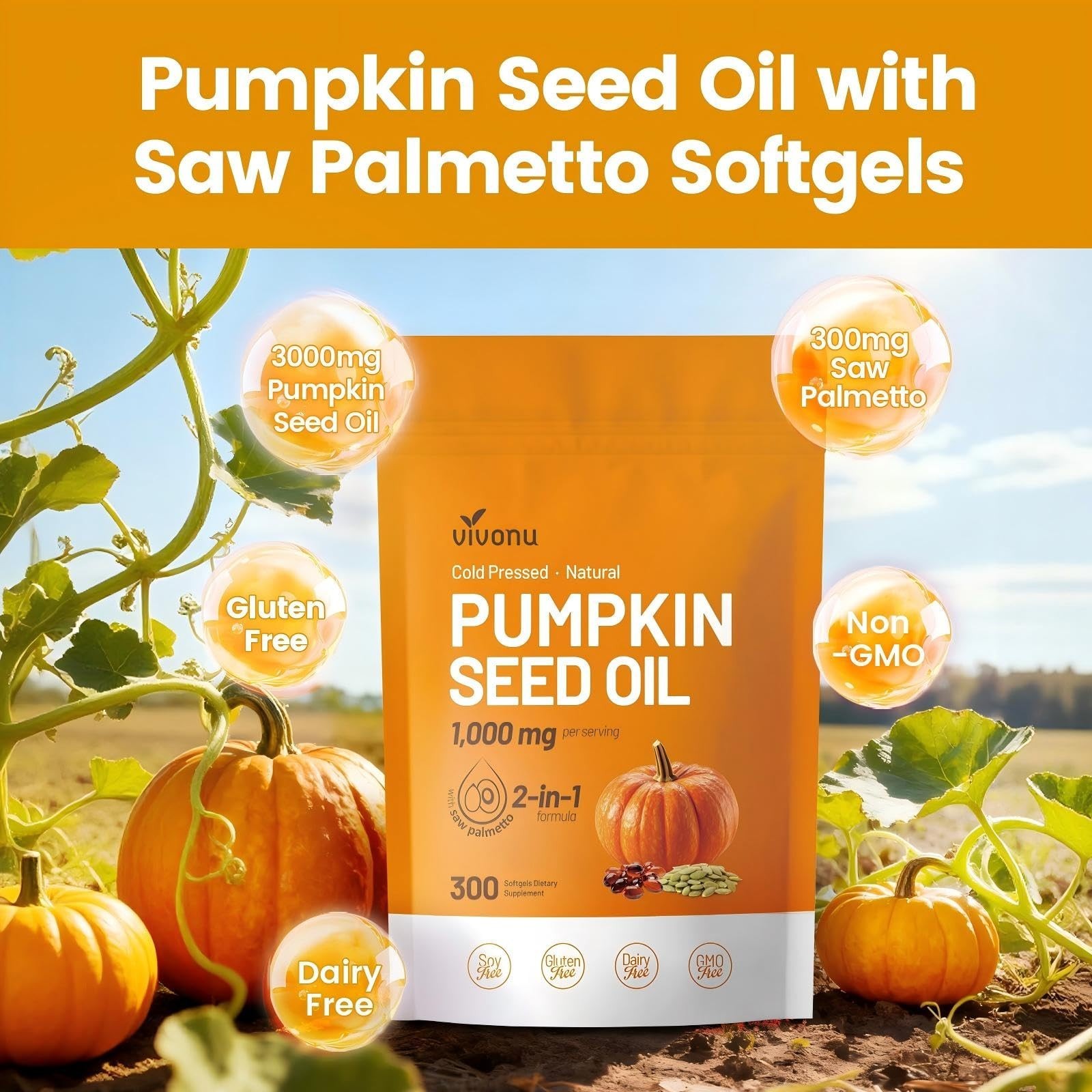 Pumpkin Seed Oil & Saw Palmetto Softgels, 300 Non-GMO Capsules | Cold Pressed, H