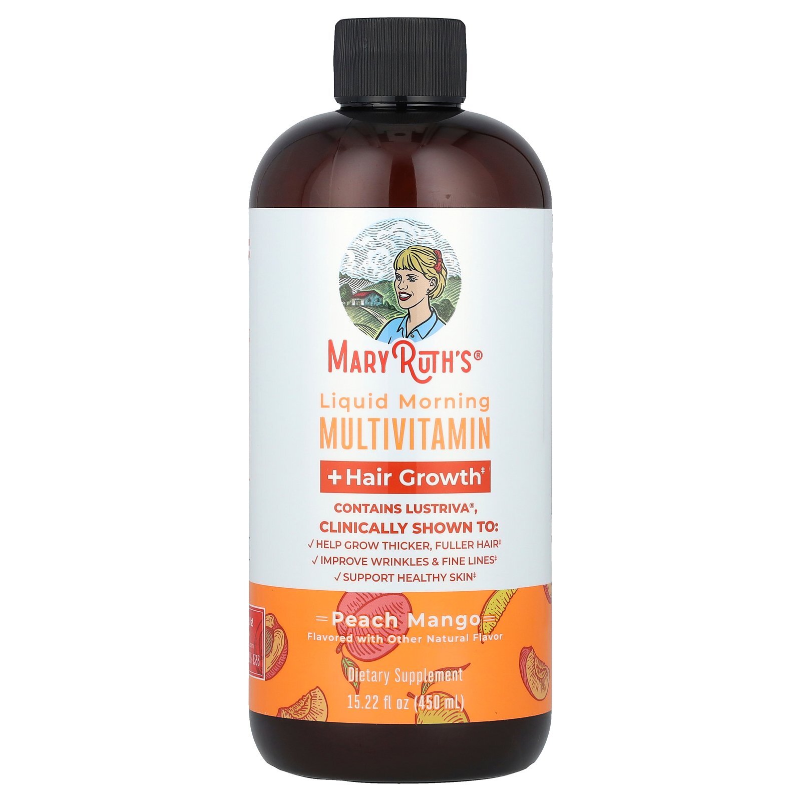 Liquid Morning Multivitamin + Hair Growth, Peach Mango, 15.22 fl oz (450 ml)