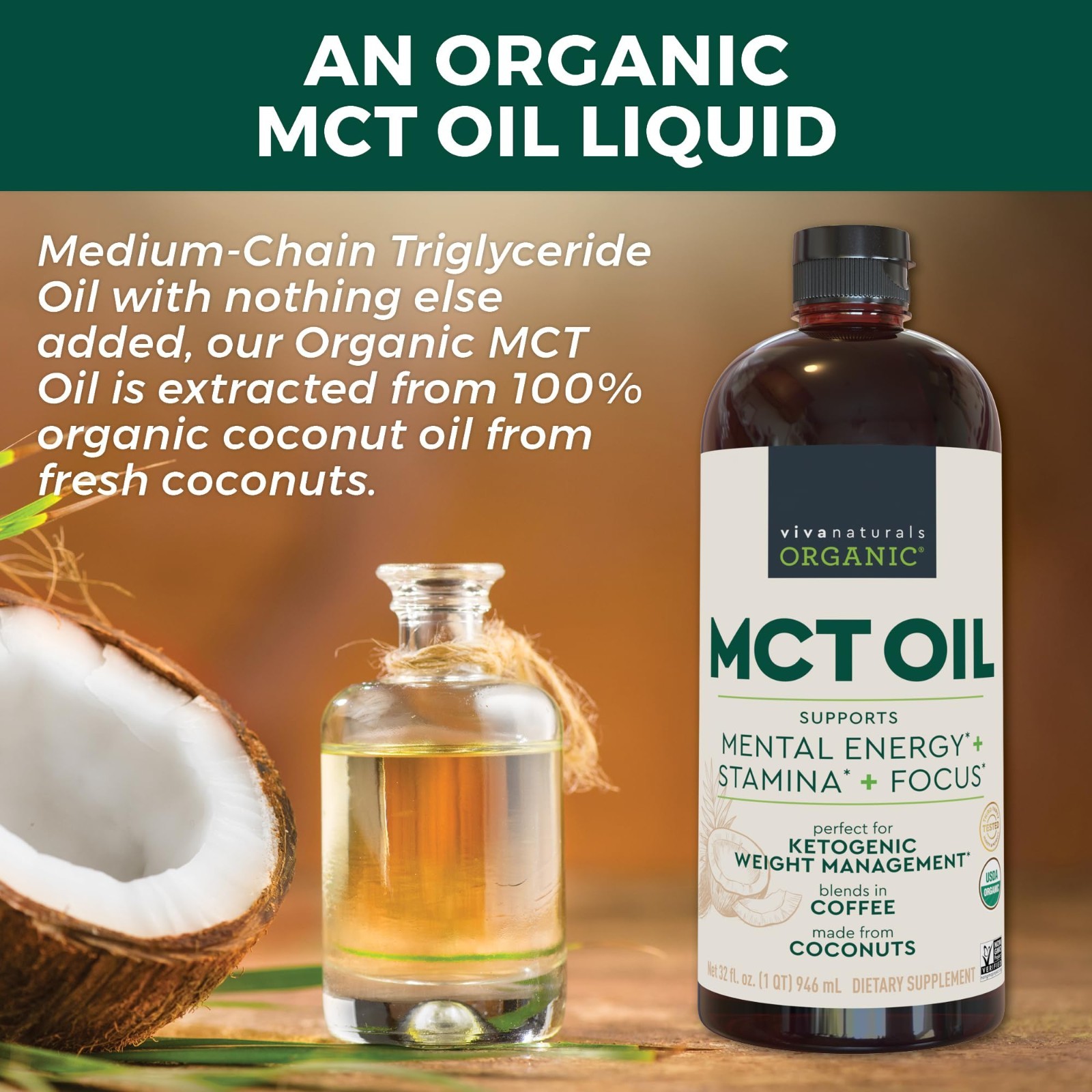Organic MCT Oil 32 fl oz – Keto & Paleo Friendly, Non-GMO, Boosts Energy & Focus