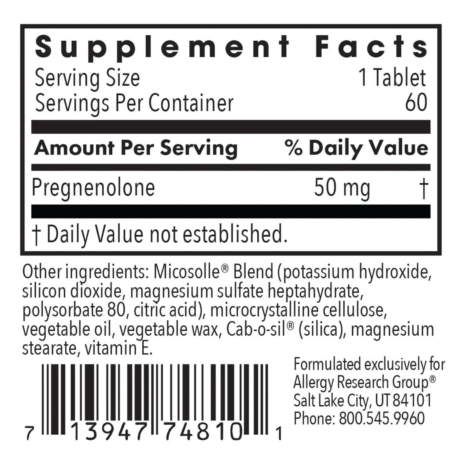 Pregnenolone 50mg Micronized 60 Tablets Allergy Research Group