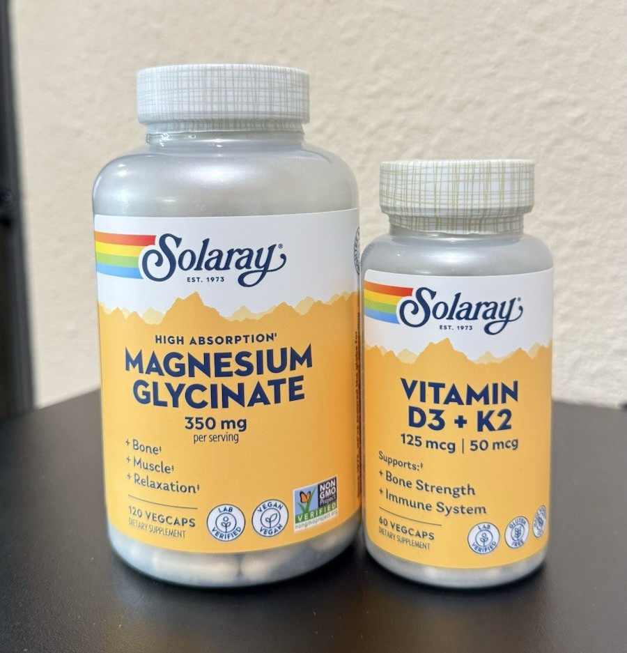 Solaray Magnesium Glycinate 350mg 120 VegCaps + D3 K2 60 Vegan Non-GMO
