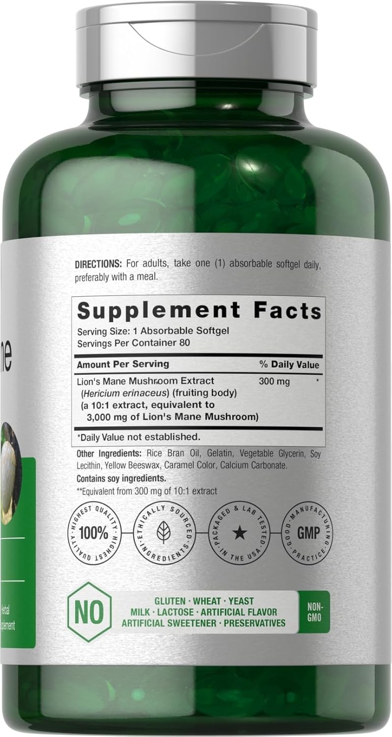 Lions Mane Mushroom 3000mg | 80 Softgels | Non-GMO & Gluten Free | by Horbaach