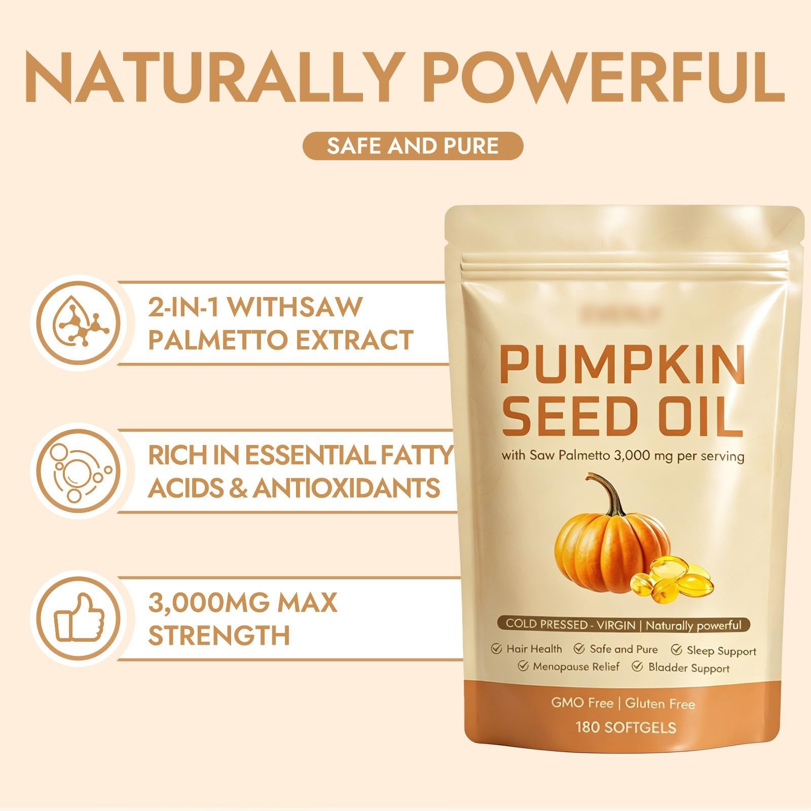 Pumpkin Seed Oil 3000mg Softgels | Cold Pressed Virgin | Saw Palmetto | 180Count