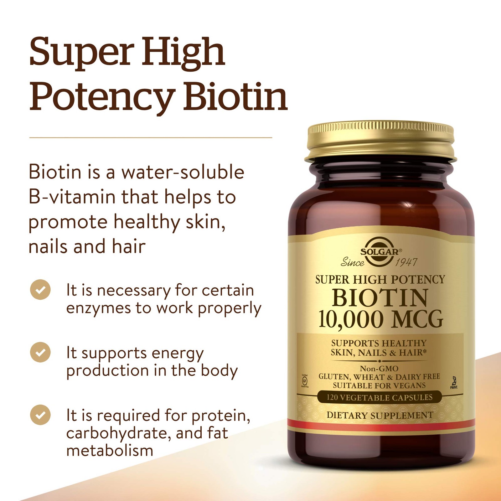 Solgar Biotin 10000 mcg Vegetable 120 Count (Pack of 1), Standard Packaging