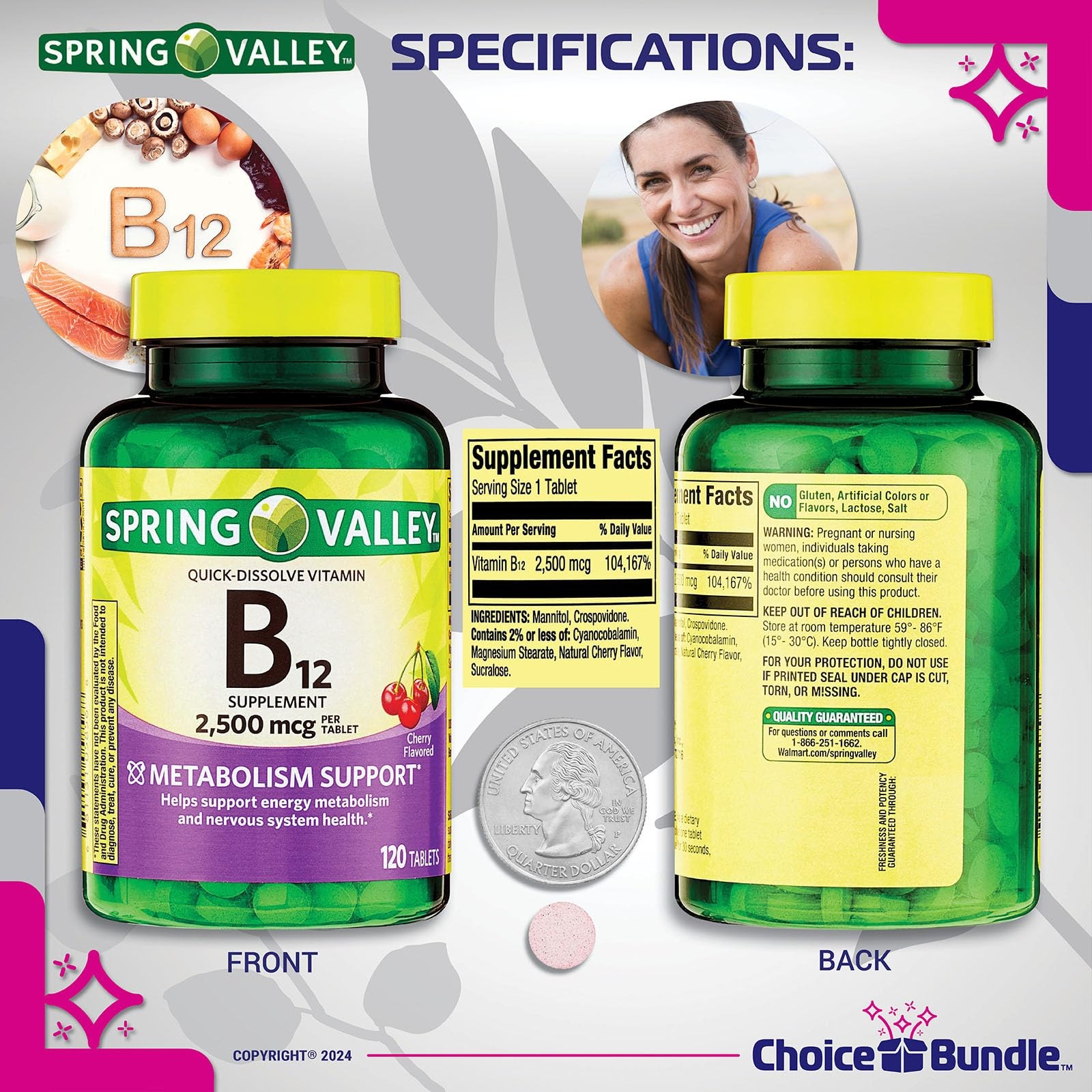Spring Valley Vit B12 2500mcg Quick Dissolve 2Pk (240ct) + Vitality Guide & Case