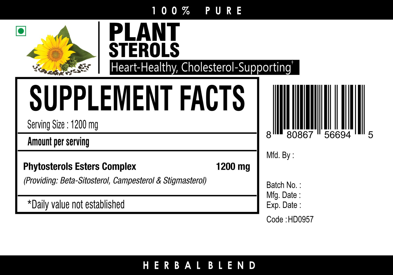 Plant Sterols with Beta Sitosterol Complex Powder 1200 mg Maximum Strength