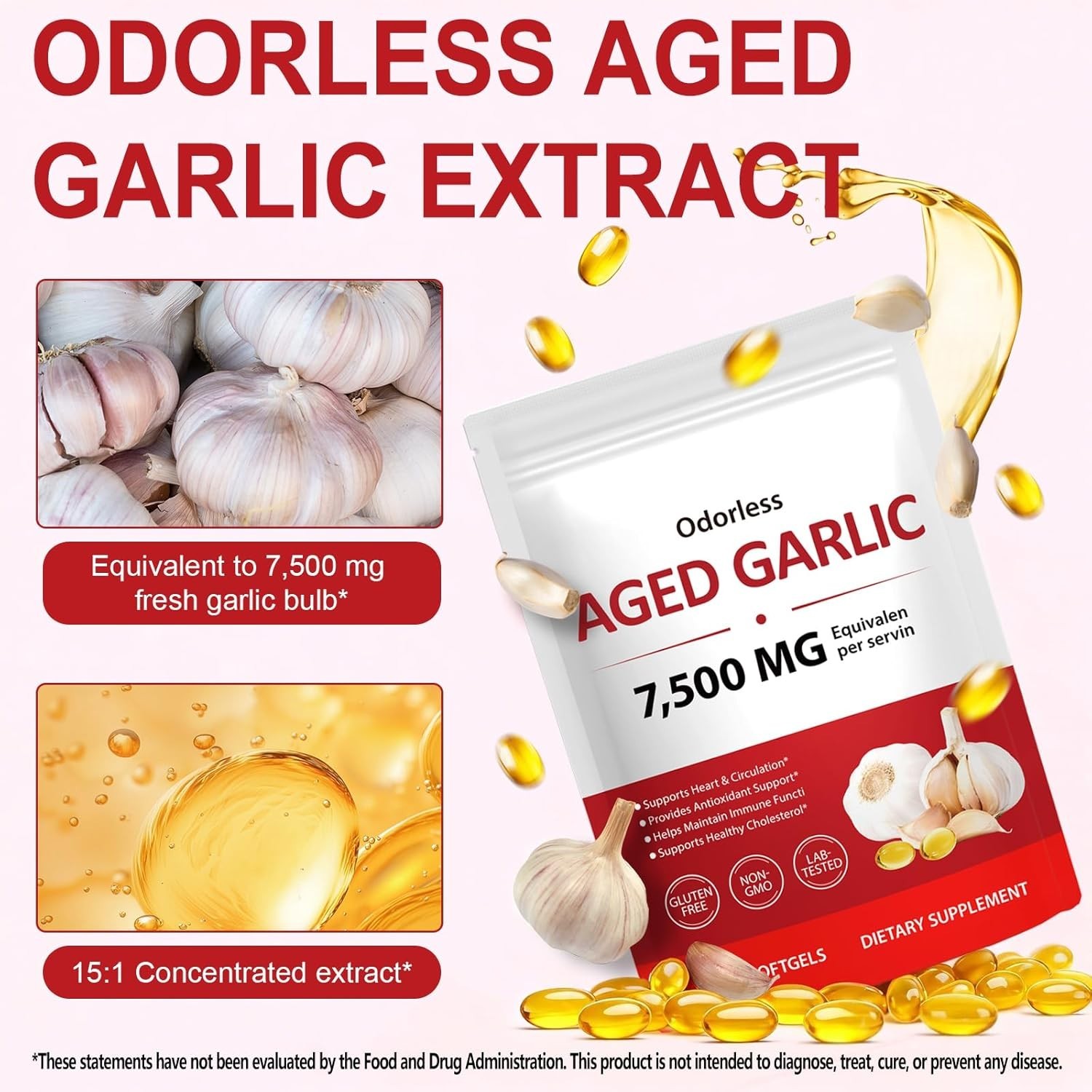 Odorless Garlic 7500mg Per Servings, 300 Softgels | 2 Years Aged Garlic Extra…