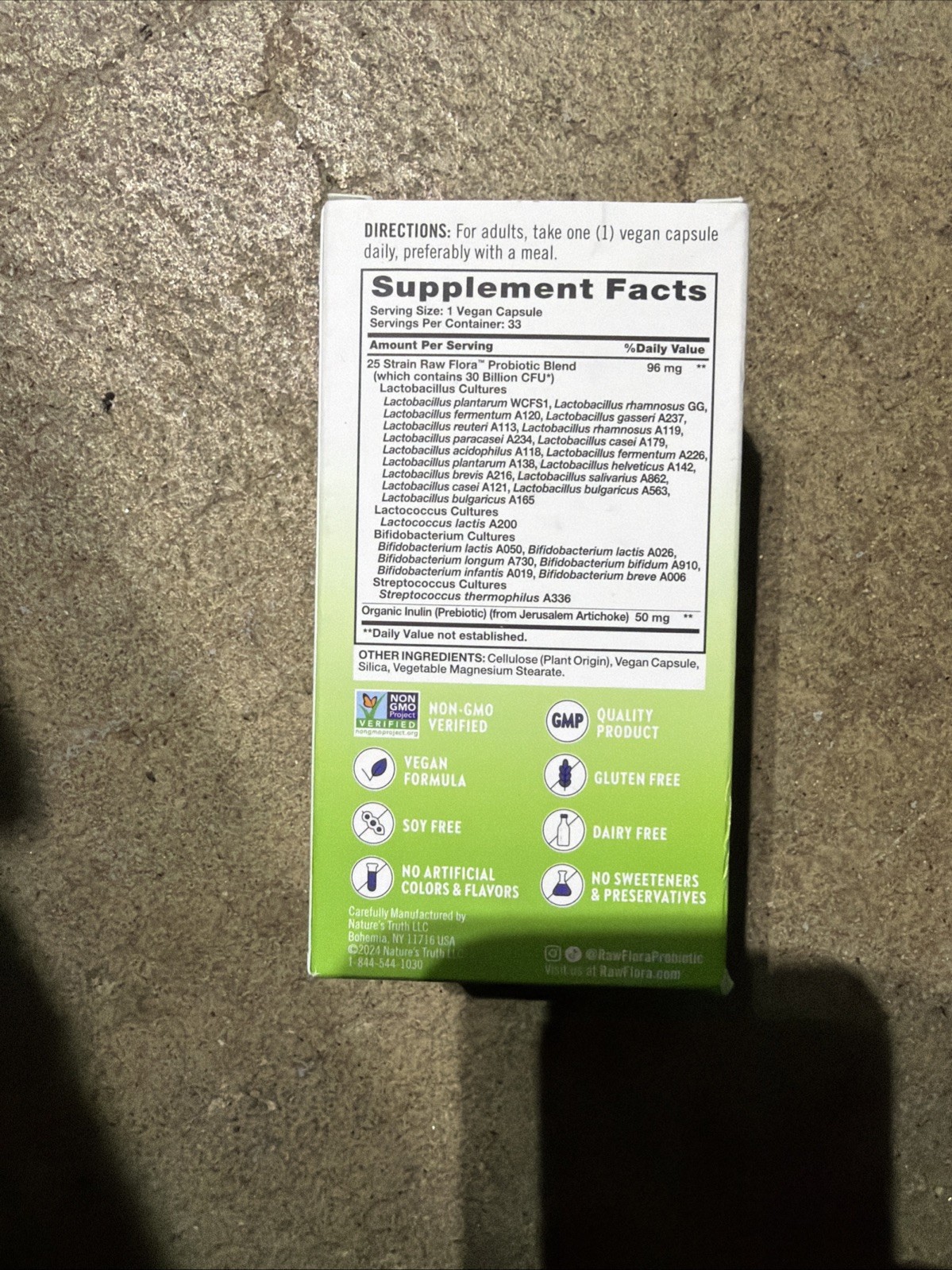 Nature’s Truth 30 Billion Raw Flora Probiotic-25, 33 Capsules, 08/2026