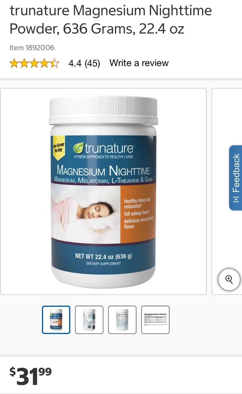 TruNature Magnesium Nighttime Powder 22.4 oz Sealed Exp 09/2028