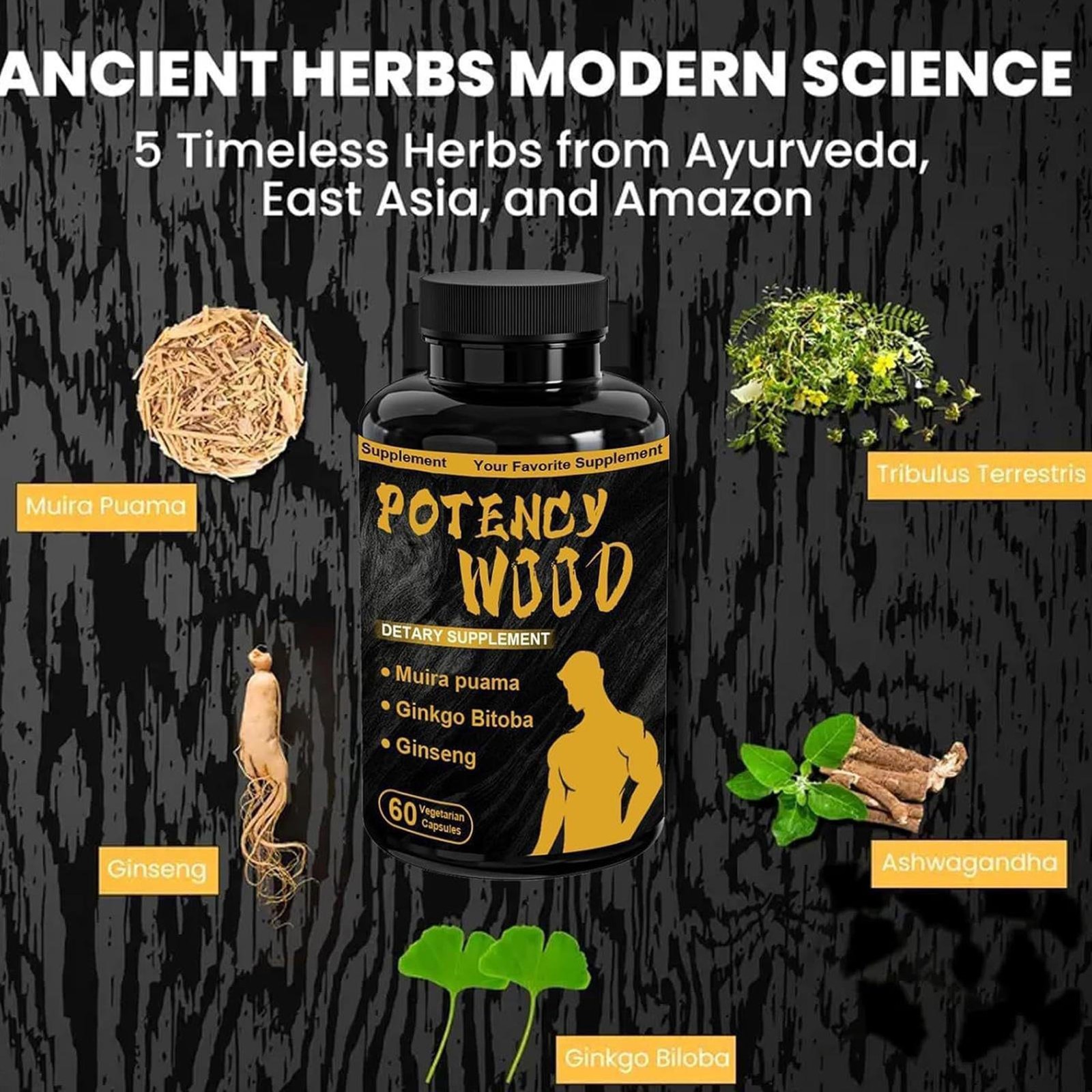 Potency Wood Dietary Supplement Muira Puama Ginko Biloba Ginseng 60 Capsules