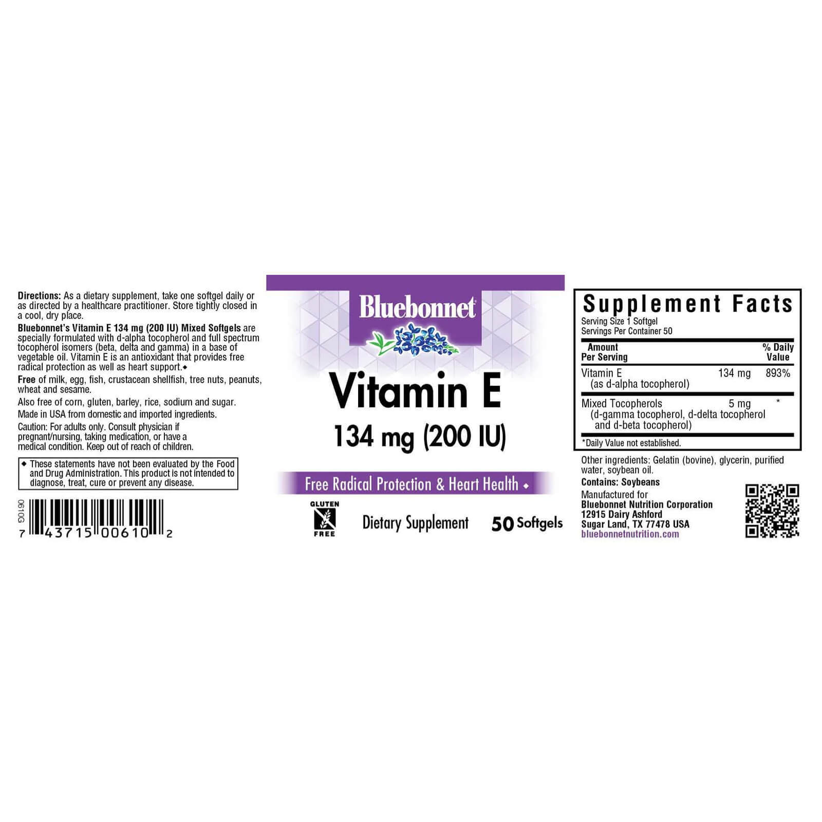 Bluebonnet Vitamin E 134 Mg (200 Iu) Mixed 50 Softgels, Heart Health
