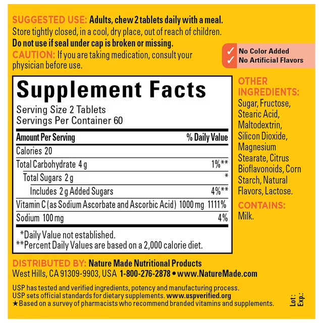 Nature Made Extra Dosage Chewable Vitamin C 1000 mg per Serving Tablets,120Count