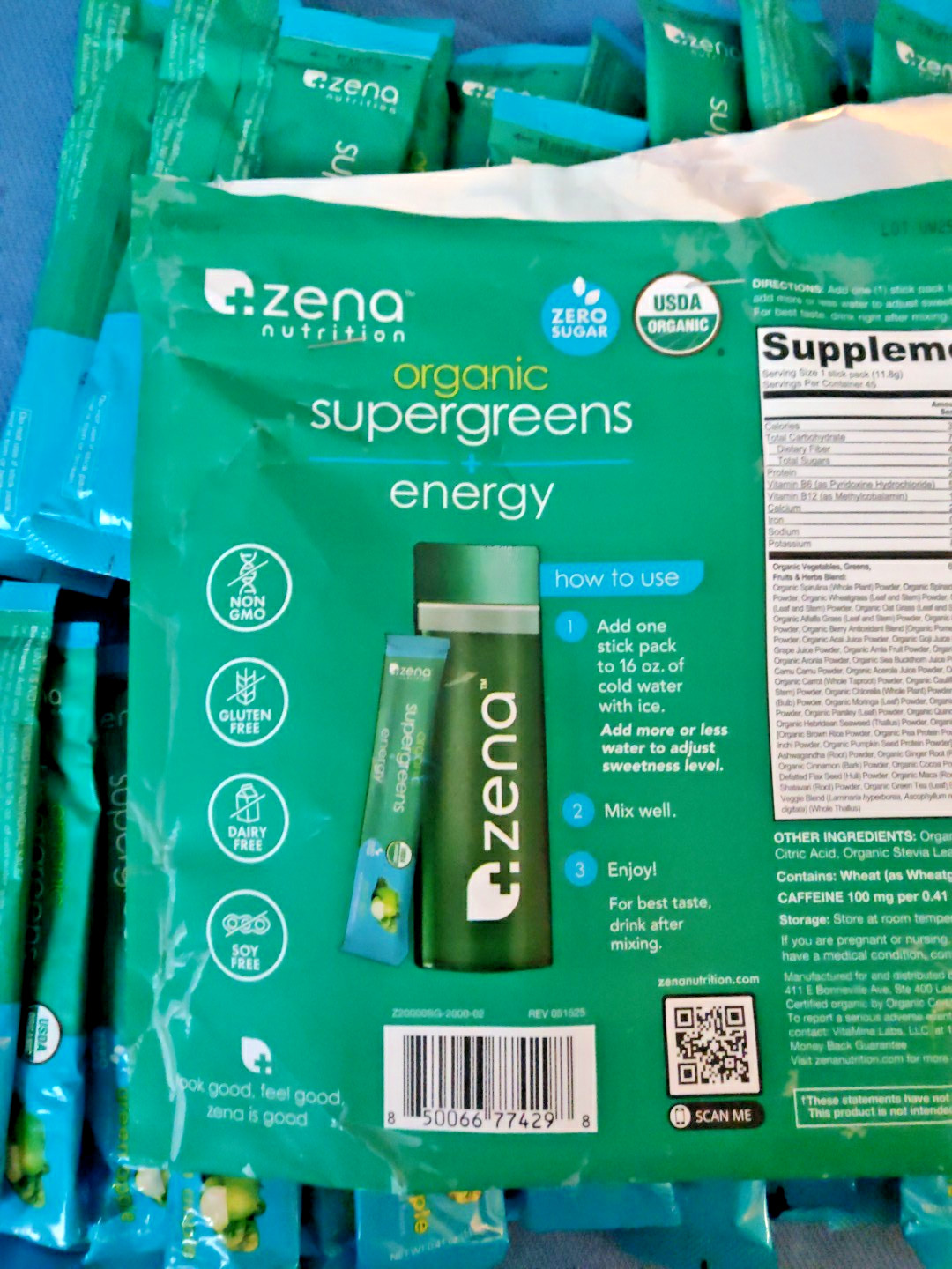 Zena Organic Supergreens Plus Energy Apple 45 Stick Exp: 7/2027 – Open Bag