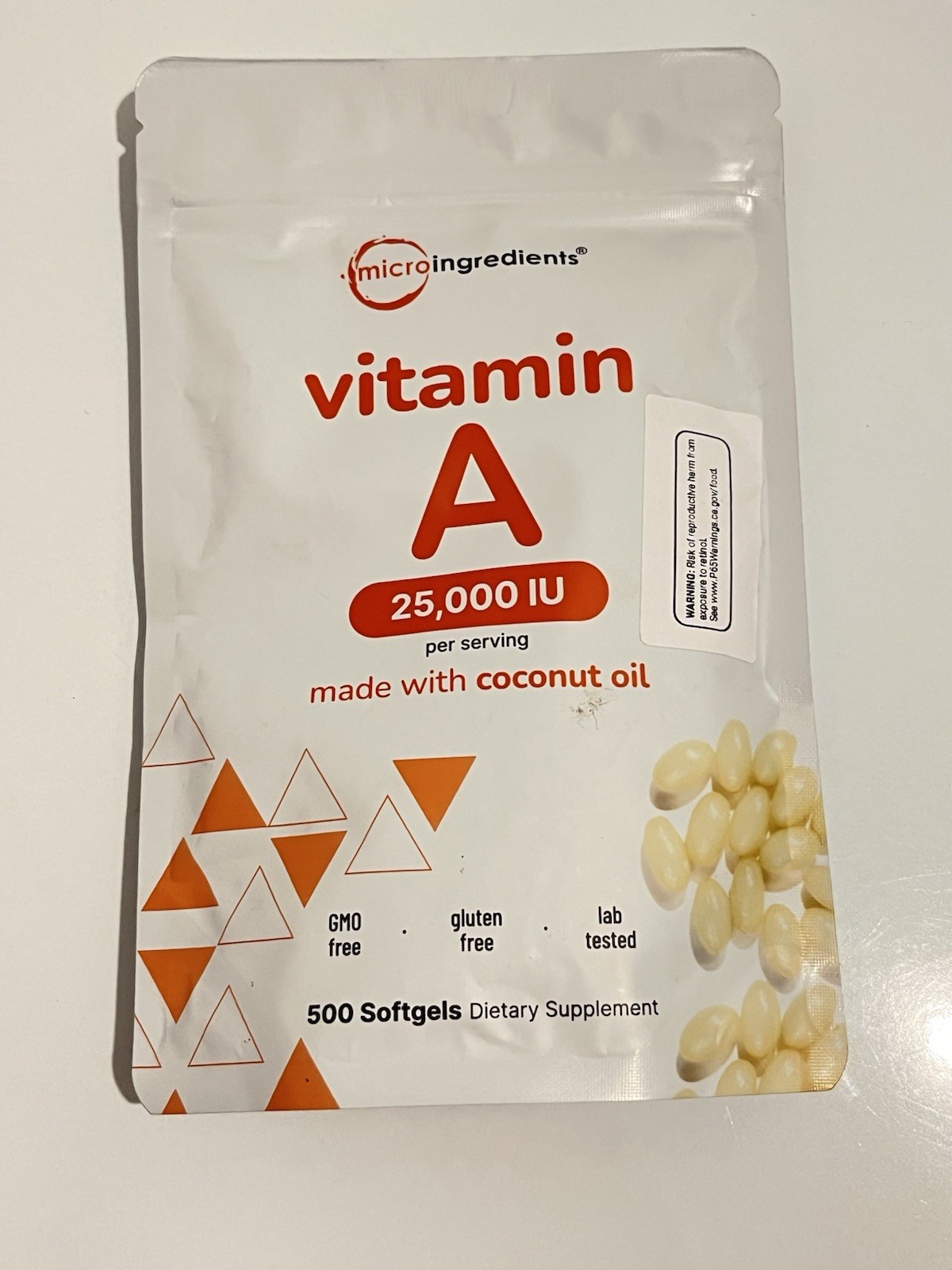 Micro Ingredients Vitamin A, 25000 IU with Coconut Oil, 500 Softgels Exp 12/2027