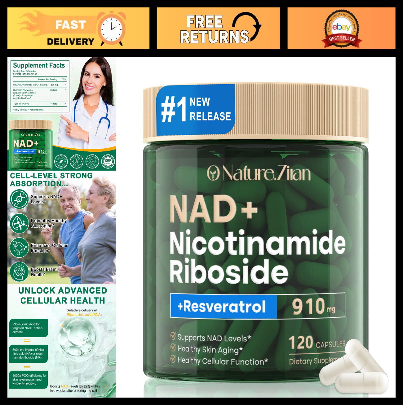 NAD+ Resveratrol 910mg Supplement – 120 Capsules for Energy & Anti-Aging Support