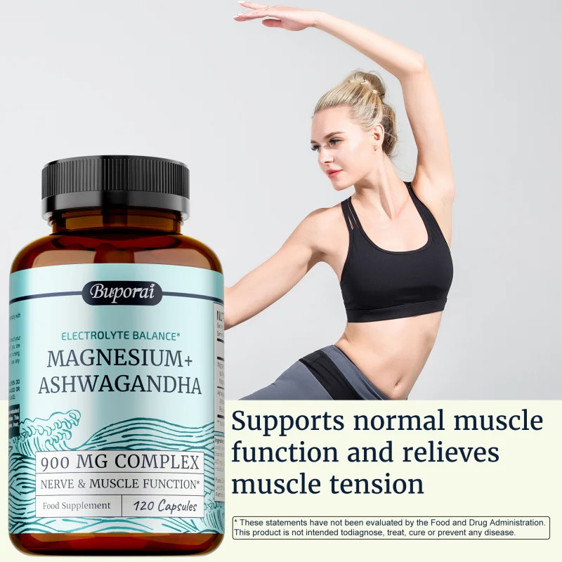 Magnesium + Ashwagandha 120pcs,Sleep,Relieves Muscle Tension,Soreness and Cramps