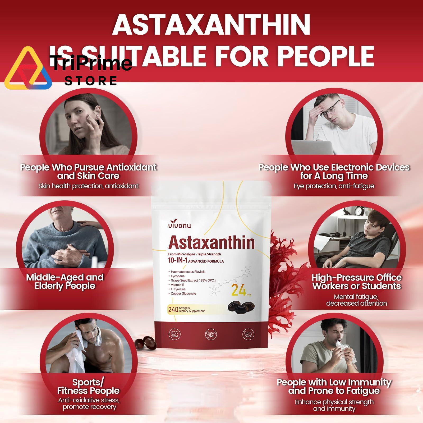10 in 1 Astaxanthin 1 Count (Pack of 1), 24mg | 1 Bag | 240 Softgels