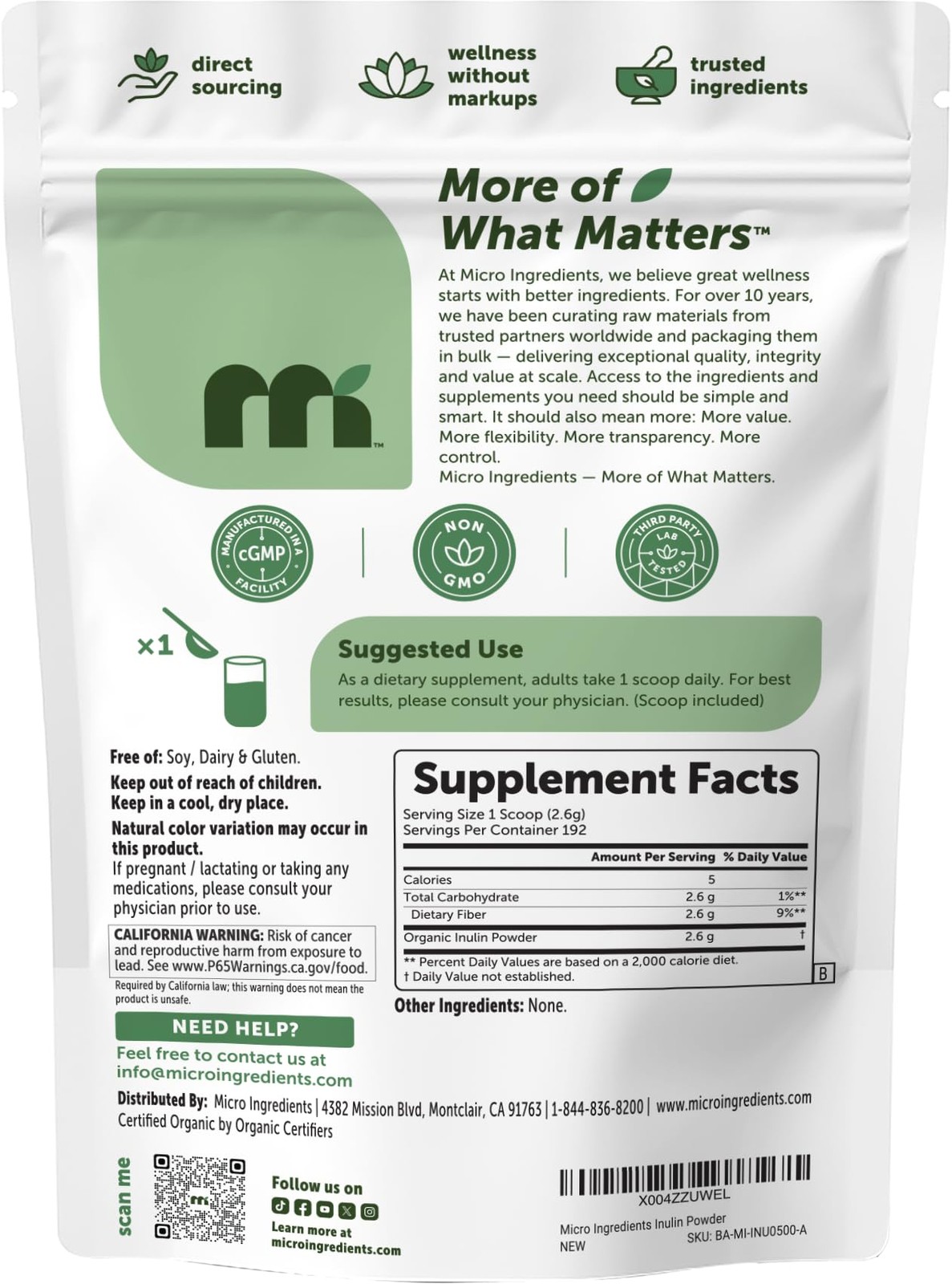 Micro Ingredients Organic Inulin FOS Fiber Powder, 1.1 lb | Quick WaterSolubl…