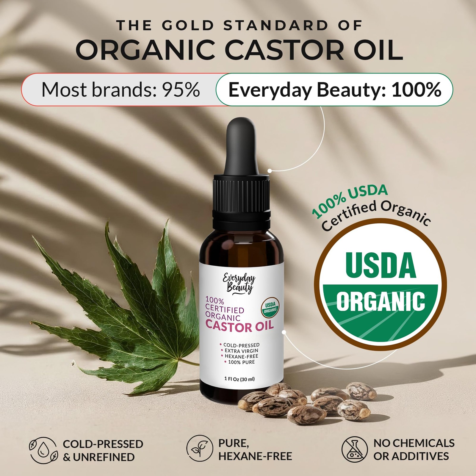 Organic Castor Oil – 100% Pure Certified USDA Organic, Cold Pressed & Hexane-Fre