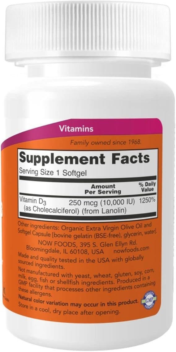 2 Pack NOW Foods High Potency Vitamin D-3, 10,000 IU, 120 Softgels
