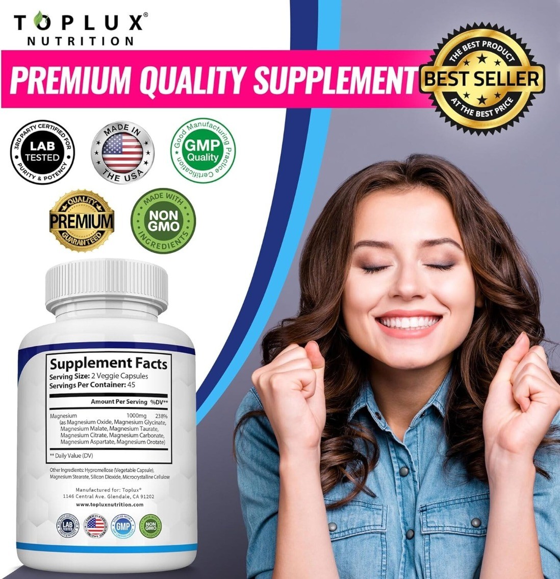 Magnesium Complex 1000mg, 8 Elemental Magnesium 90 Capsules Gluten Free- Non-GMO