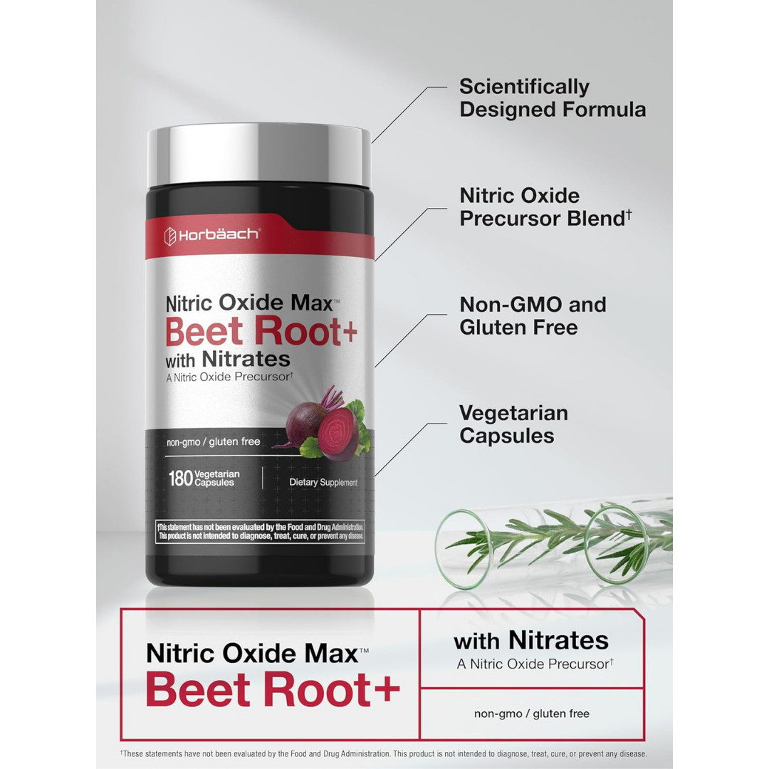 Nitric Oxide Beet Root Capsules | With Nitrates | 180 Count | by Horbaach