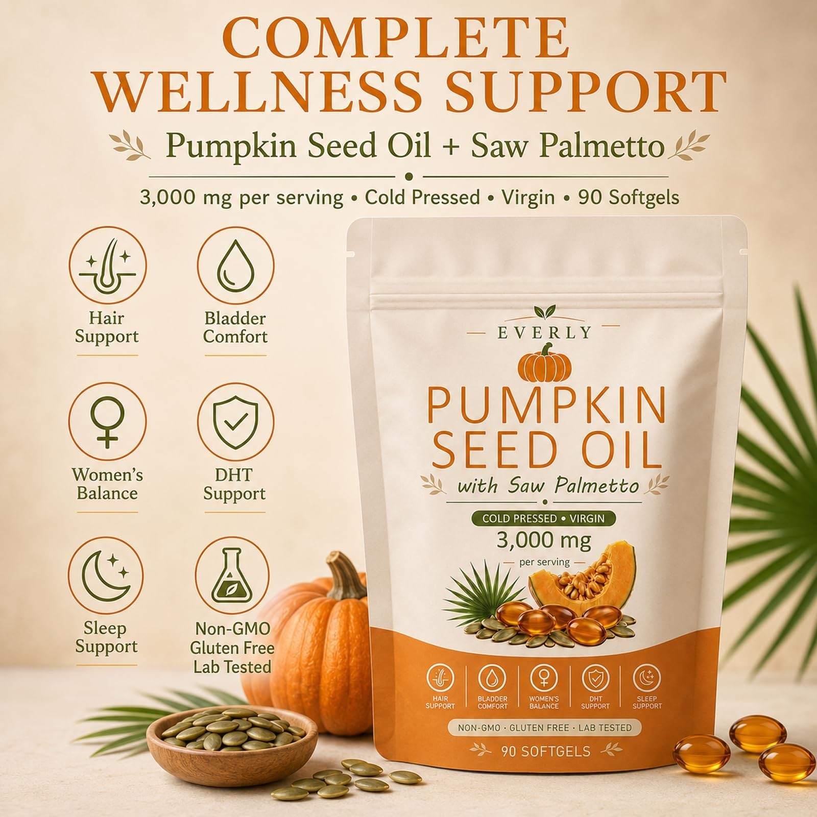 Pumpkin Seed Oil with Saw Palmetto, Cold Pressed Non-GMO, 90 Softgels for Hair &