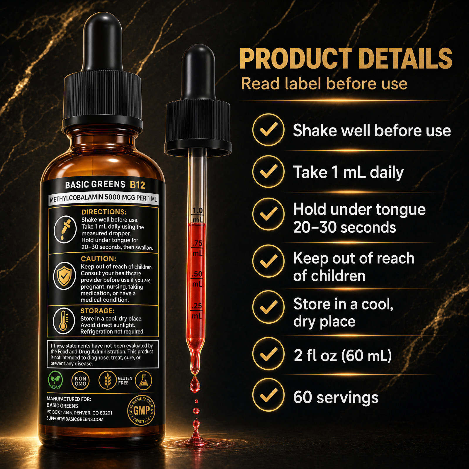 BASIC GREENS B12 Liquid Drops 5000mcg Sublingual Methylcobalamin Vegan 2oz