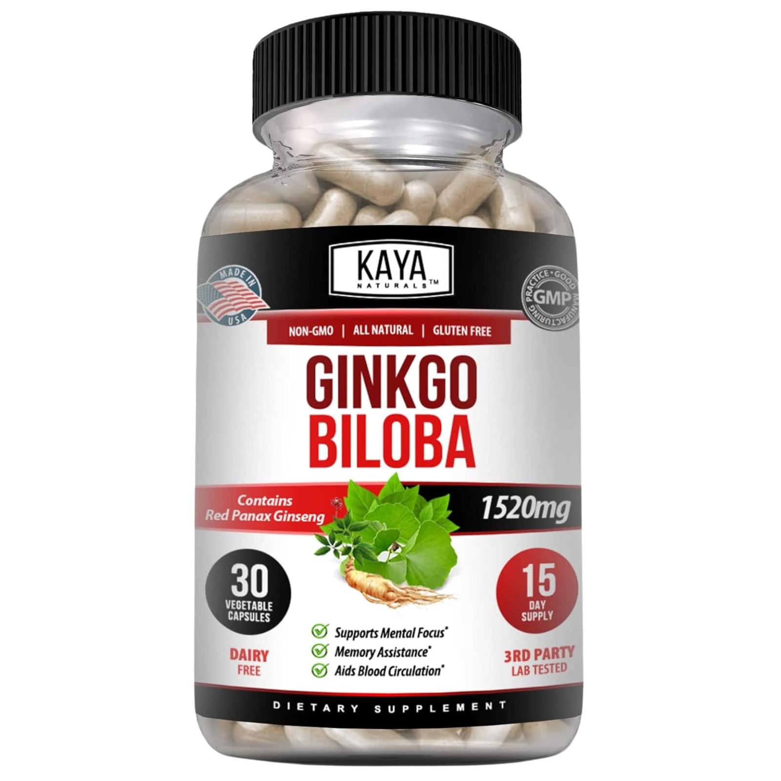 Kaya Naturals Red Panax Ginseng + Ginkgo Biloba – Nootropic Brain Supplement – C