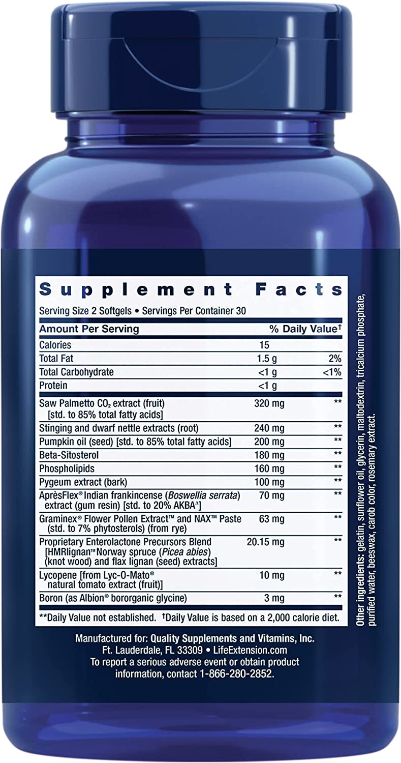 LIFE EXTENSION ULTRA PROSTATE FORMULA BETA SITOSTEROL, SAW PALMETTO, 60 Sgels