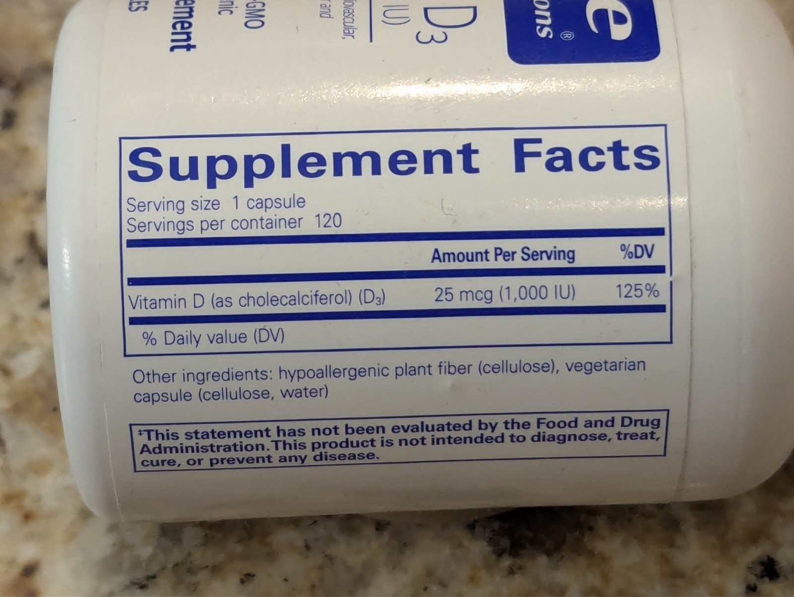 Pure Encapsulations Vitamin D3 25mcg Supplement 120 capsules exp: 01/2028