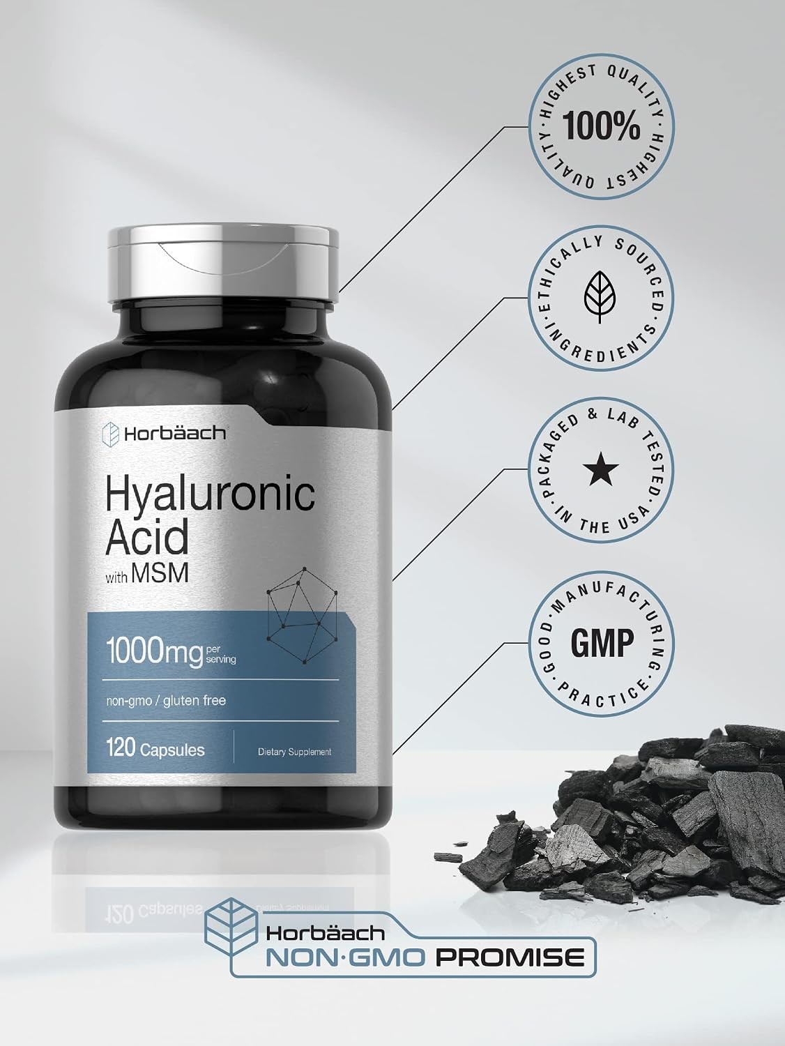Hyaluronic Acid with MSM | 1000 mg | 120 Capsules | Non-GMO | Free Shipping