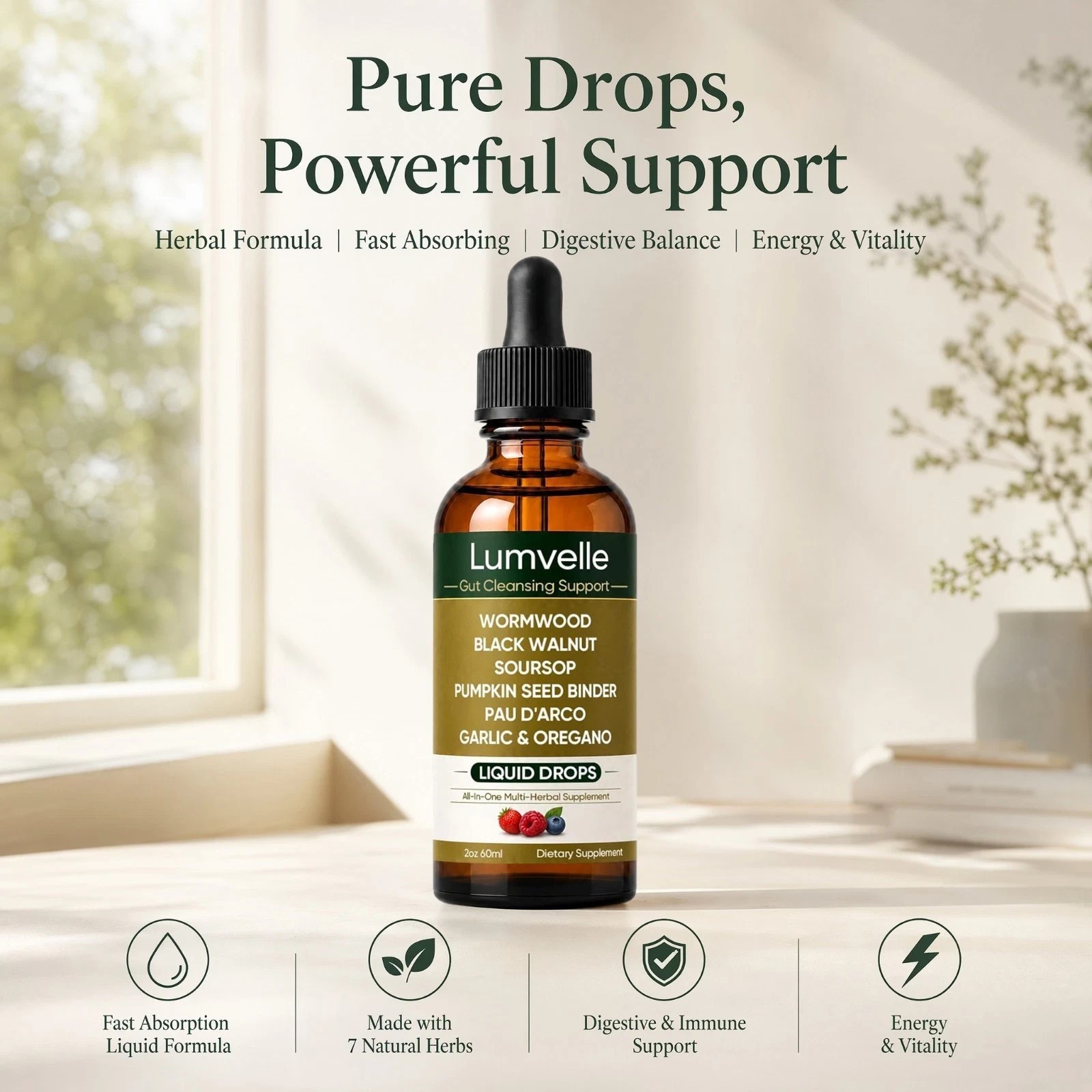 LUMVELLE Wild Harvested Wormwood Herbal Liquid Botanical Supplement Drops 60ml